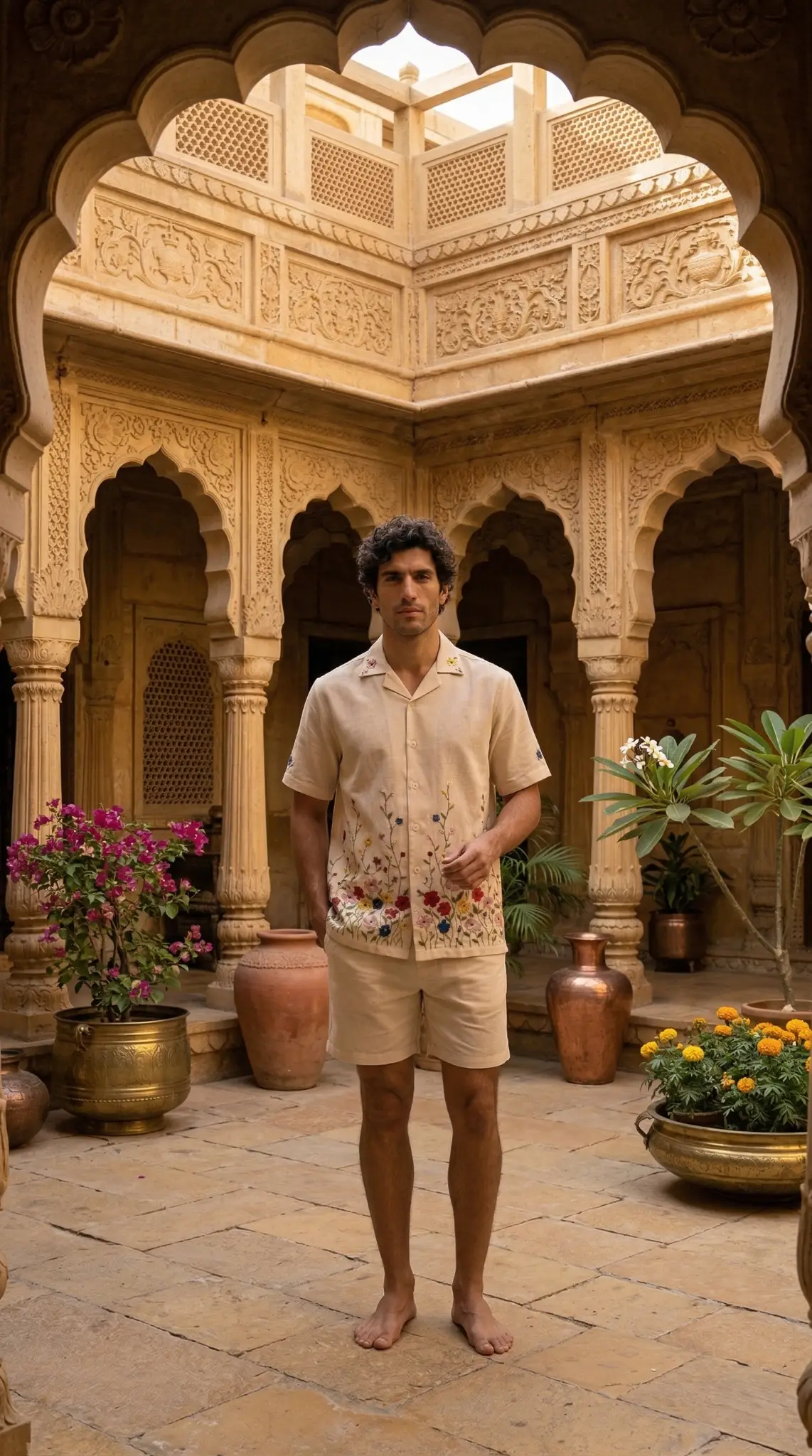 Men handcrafted embroidered linen shirt beige ethnic luxury outfit with floral embroidery detail