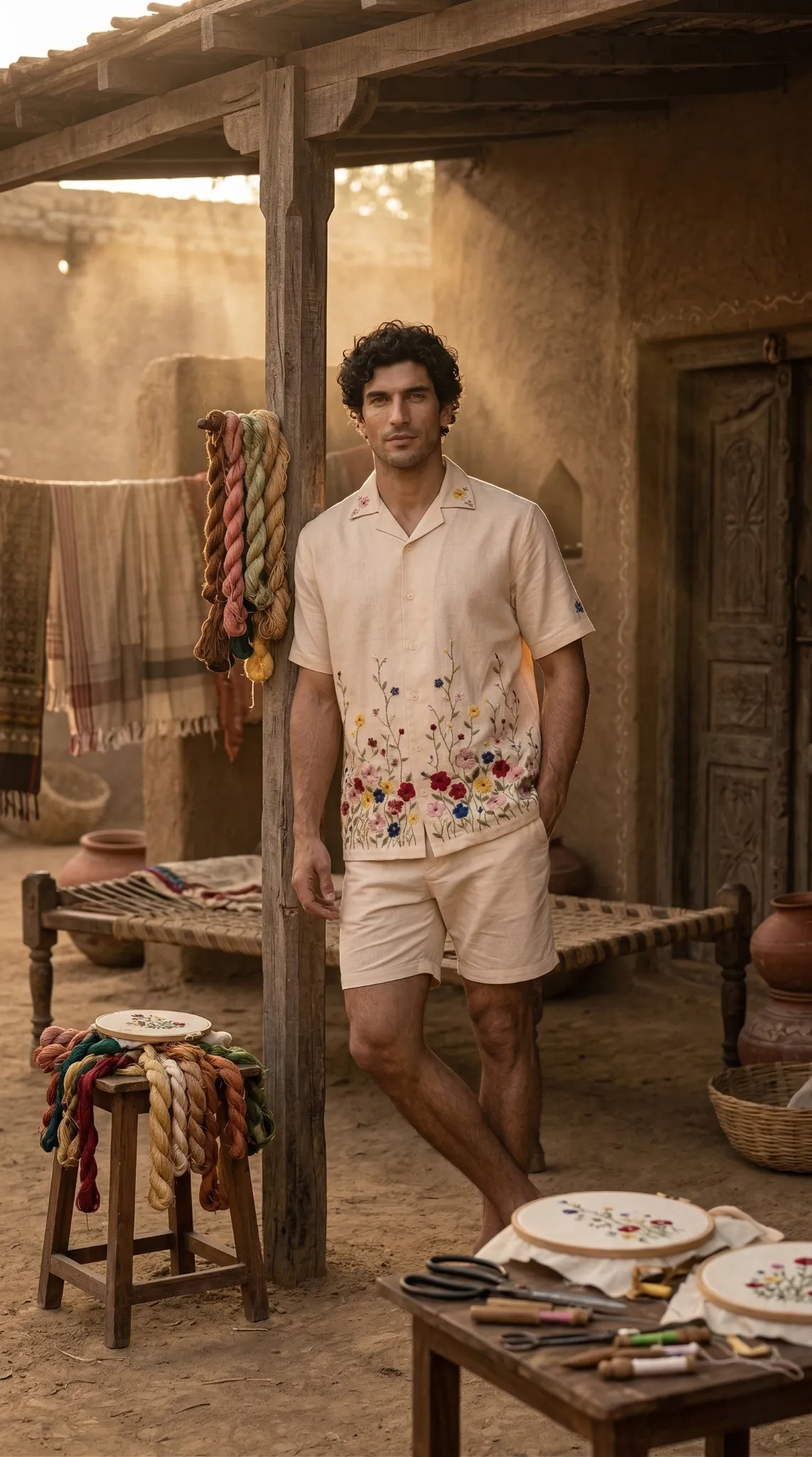 Men beige floral embroidery linen shirt handmade process artisan workshop lifestyle fashion shoot