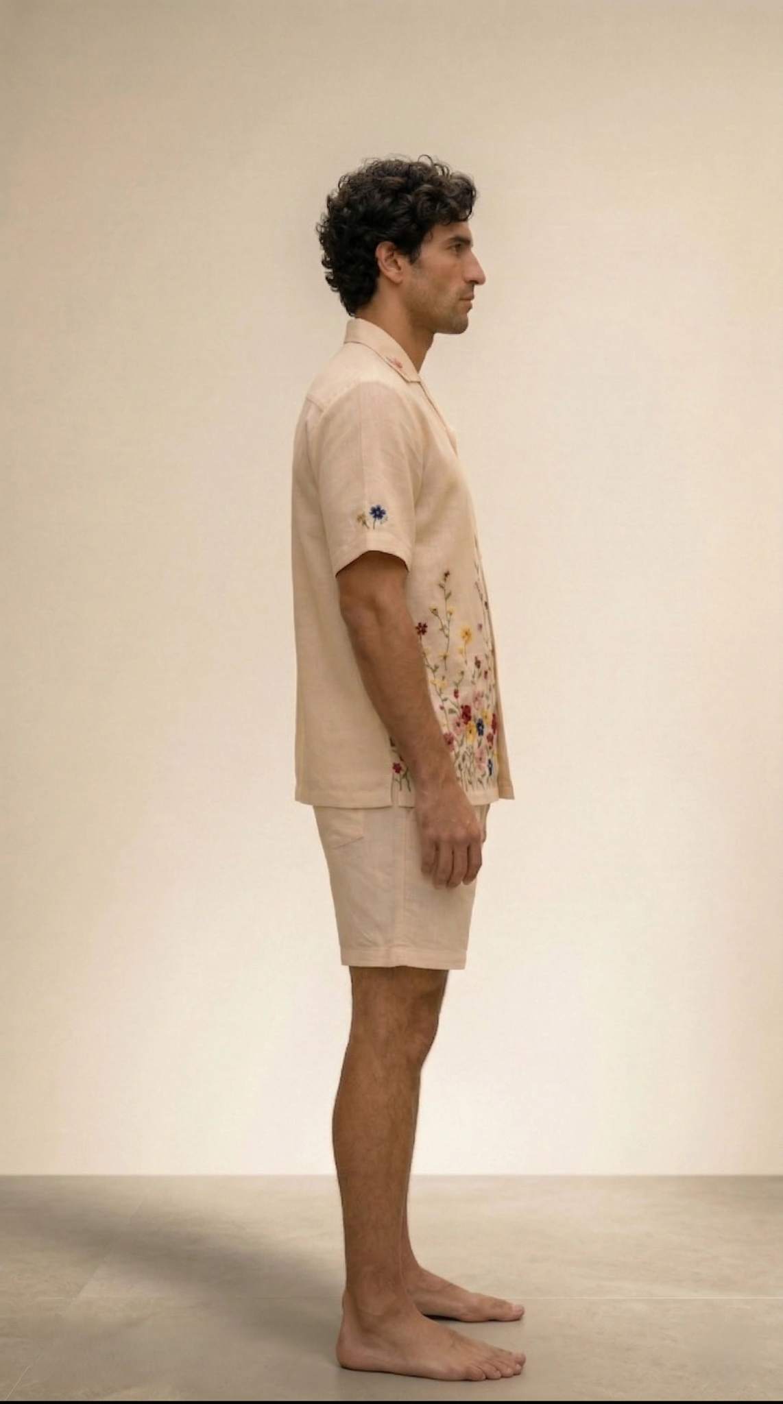Side view men beige linen embroidered shirt relaxed fit breathable summer clothing design