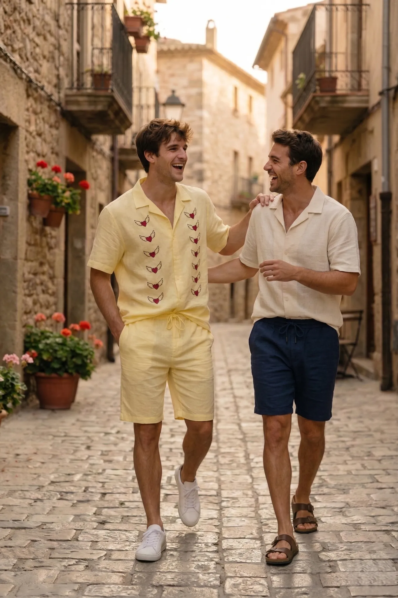 cuban collar linen shirt summer outfit men street with friends