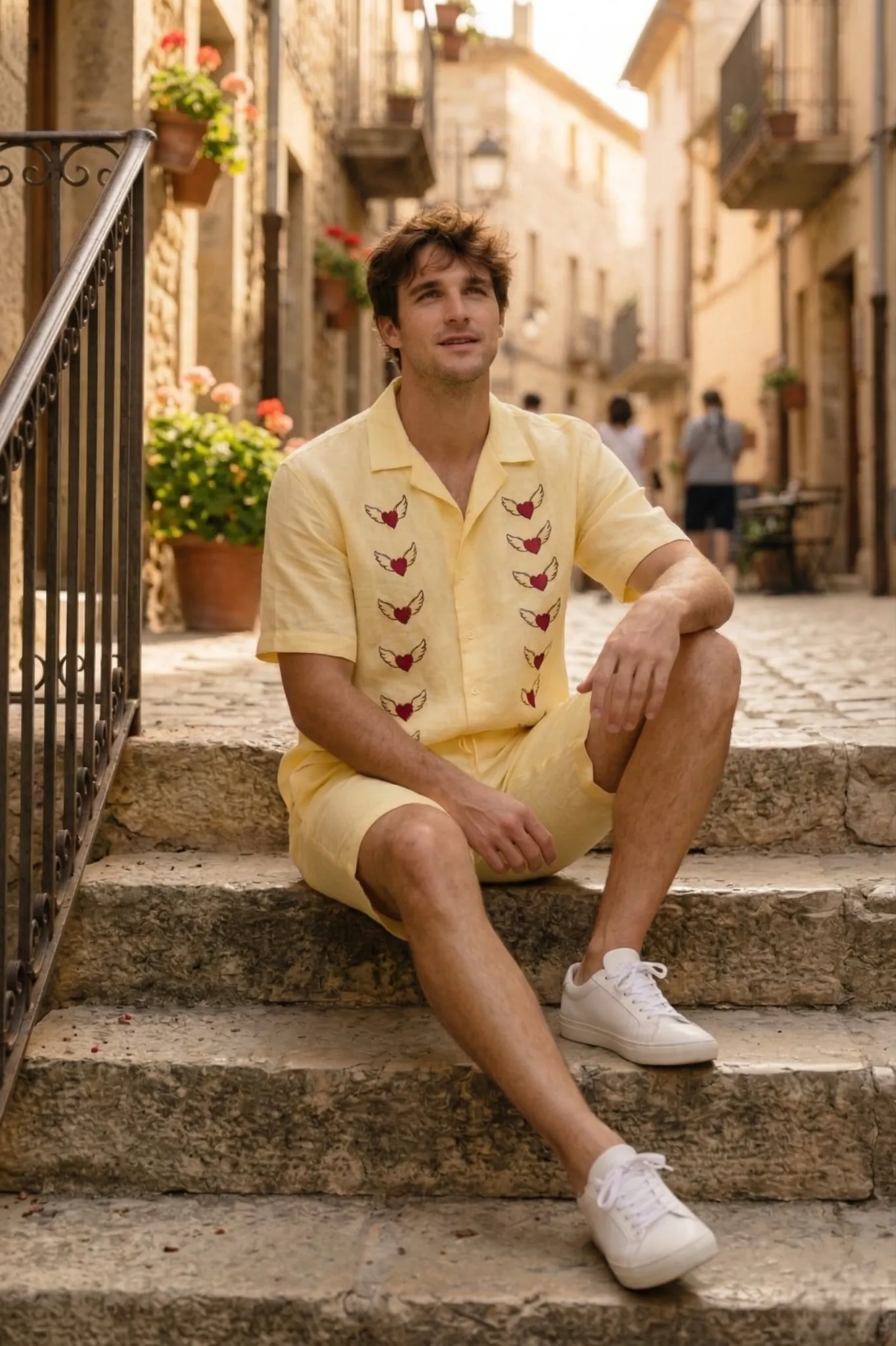 cuban collar linen shirt summer outfit men street seat