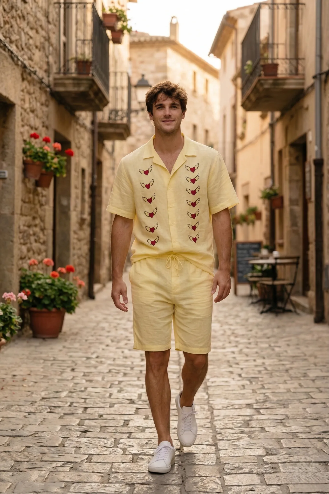cuban collar linen shirt summer outfit men walking