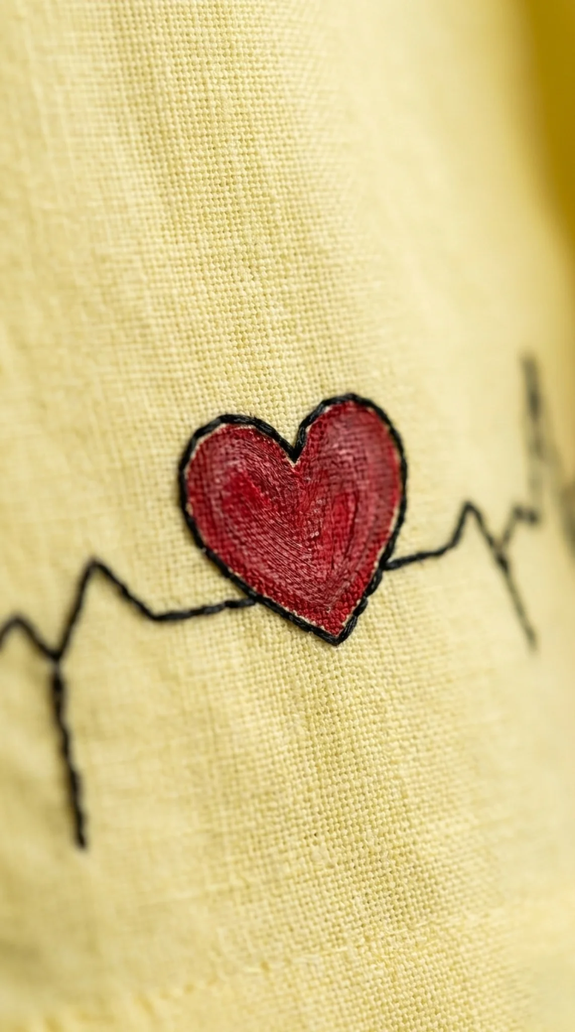 close up heart embroidery on yellow linen shirt handmade detail premium cotton linen fabric summer clothing texture