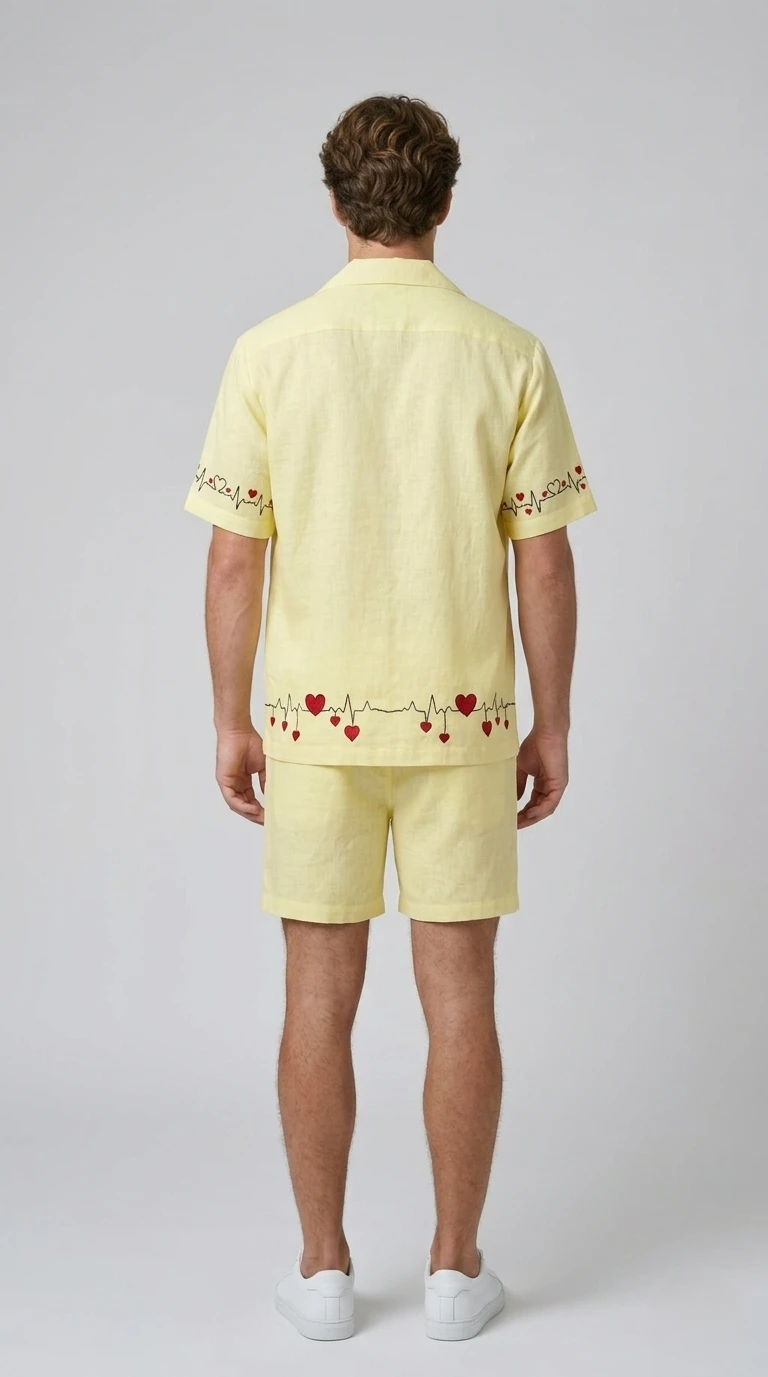 men yellow linen co ord set back view heart embroidery detail summer outfit breathable fabric resort wear