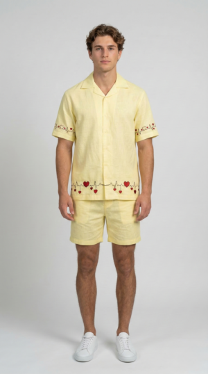 cuban collar yellow linen shirt men studio shot