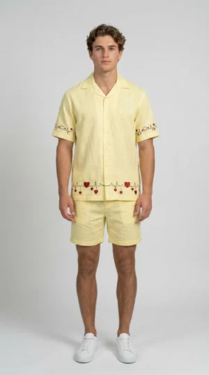 men yellow linen shirt and shorts set with heart embroidery front view summer co ord outfit breathable cotton linen vacation wear
