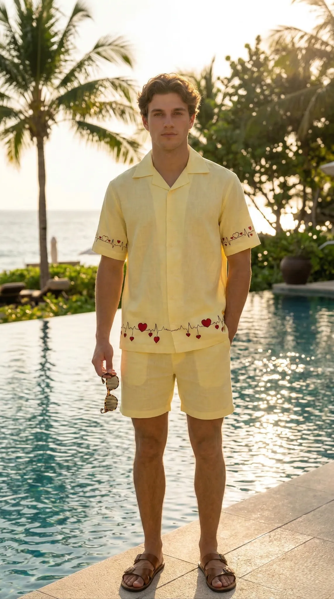 men yellow linen co ord set by pool tropical vacation outfit lightweight breathable summer wear for men stylish resort look