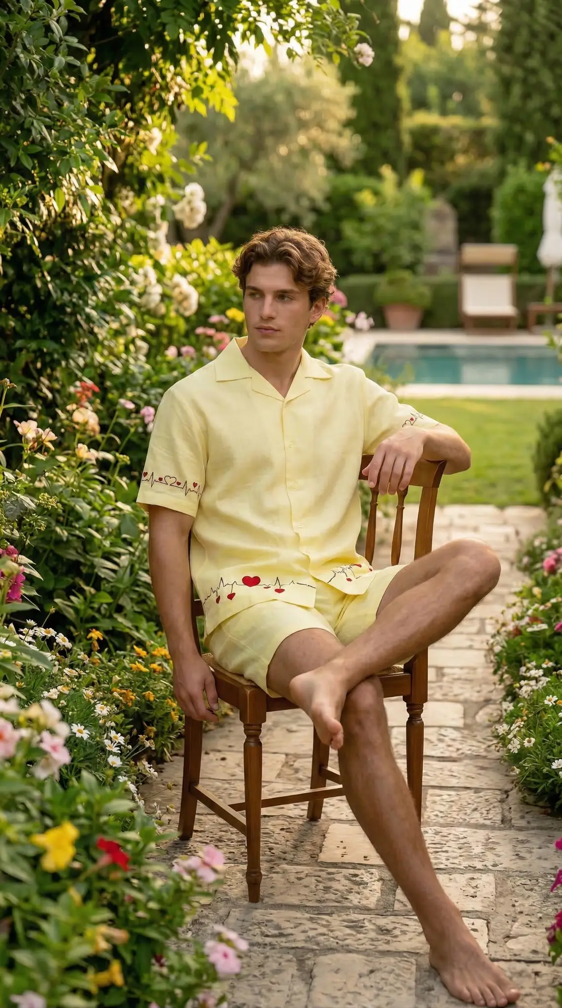 men yellow linen shirt and shorts set sitting in garden casual summer outfit soft breathable fabric relaxed luxury look