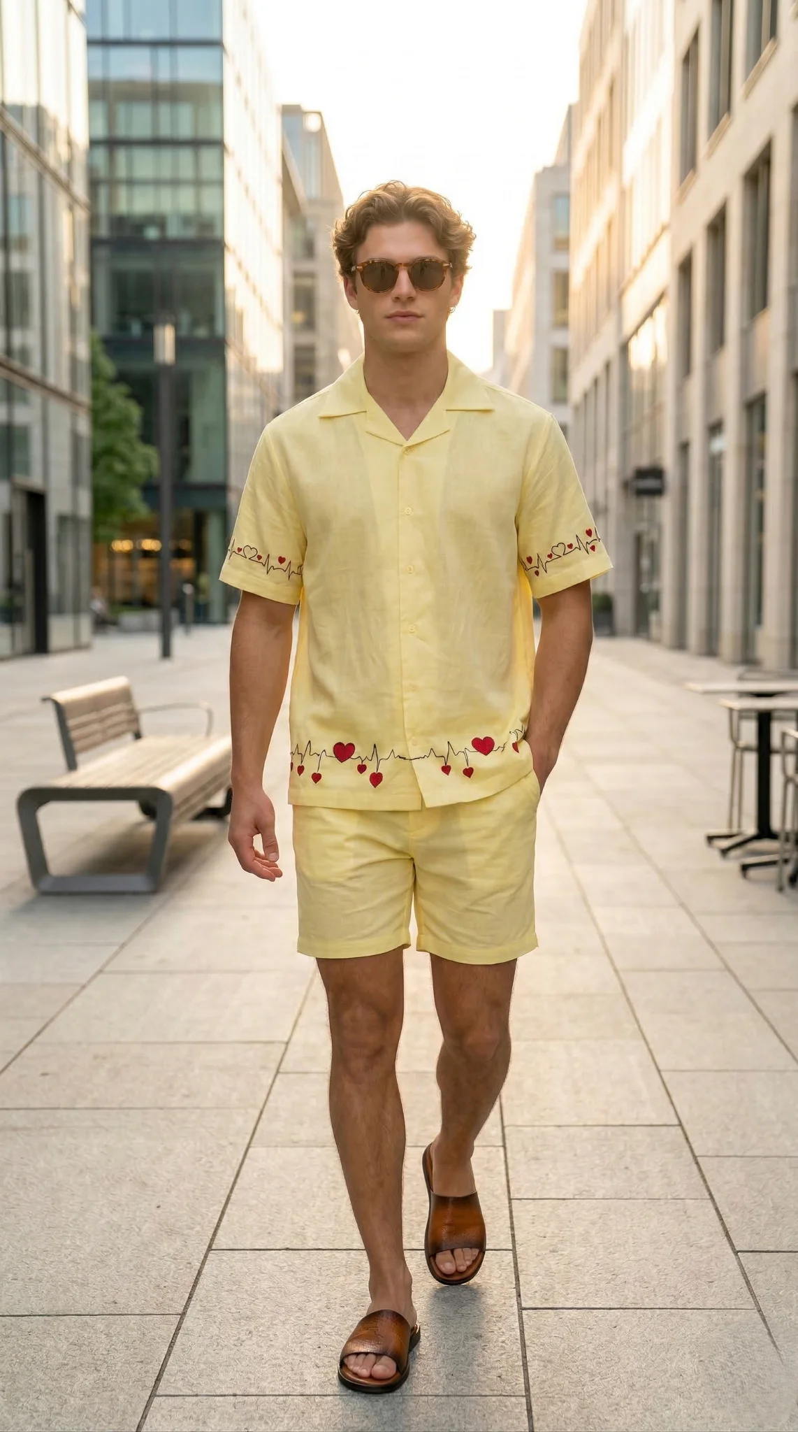 men yellow linen co ord set street style summer outfit modern casual vacation wear breathable cotton linen clothing