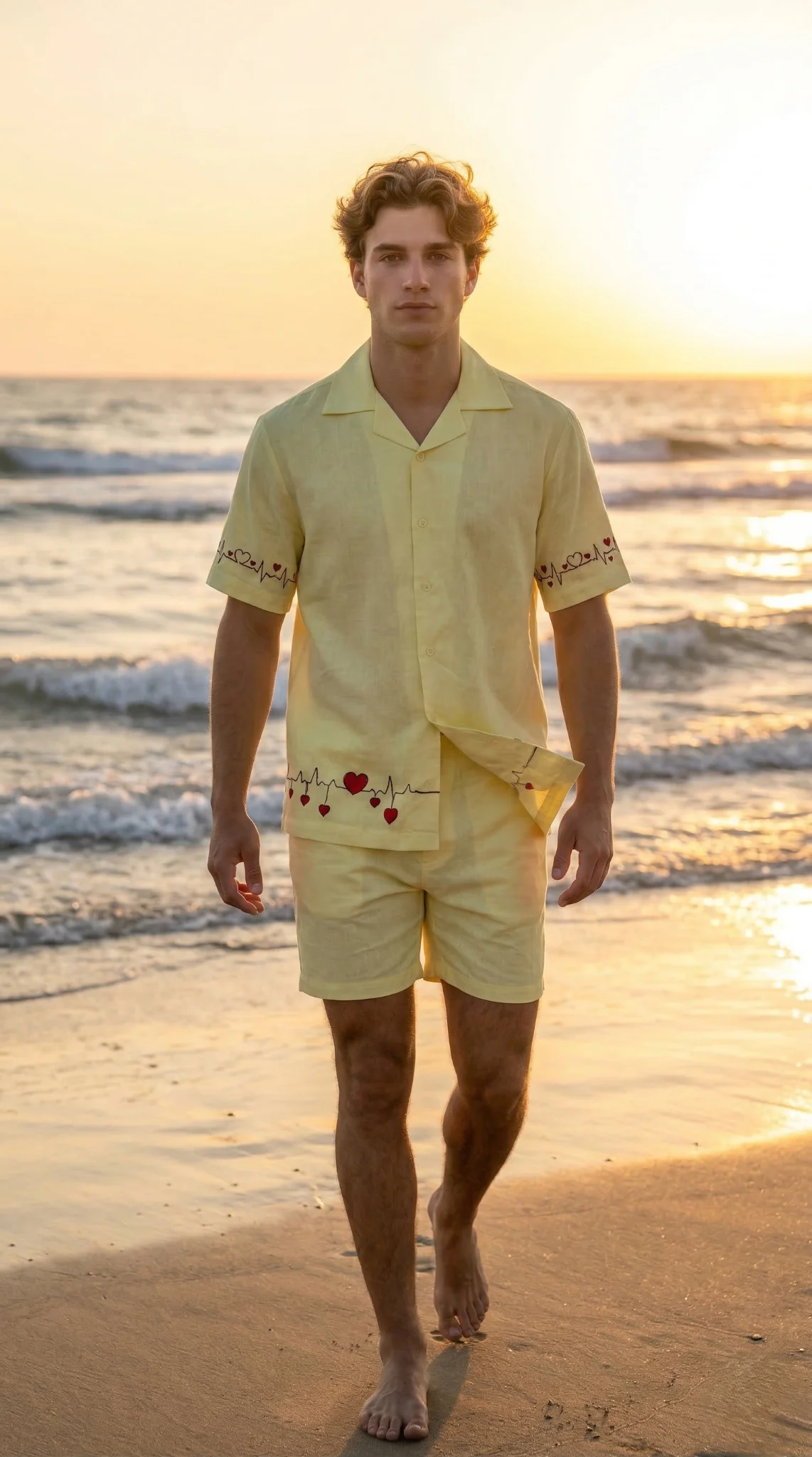 men yellow linen shirt and shorts walking on beach summer vacation outfit lightweight breathable resort wear aesthetic look