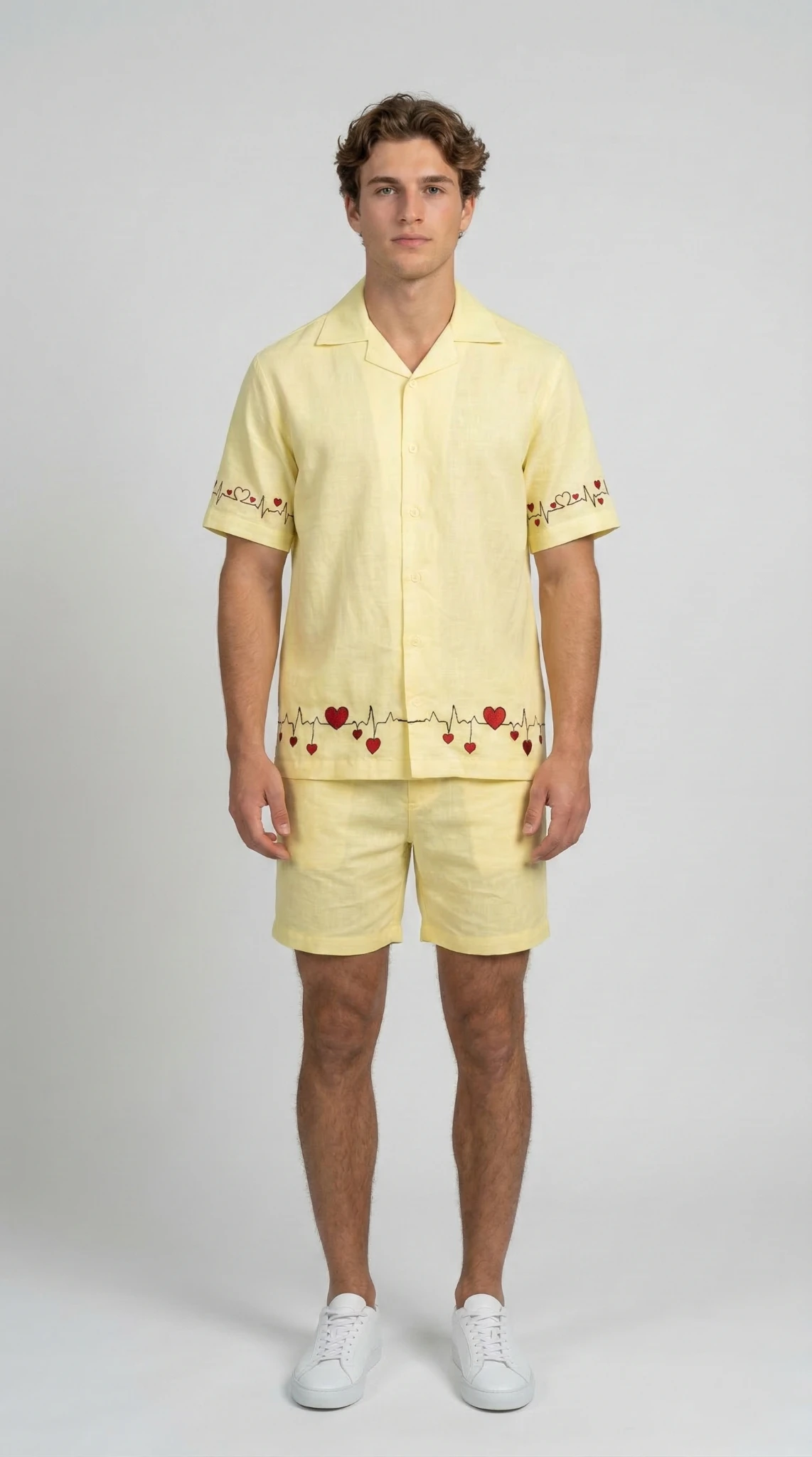 men yellow linen shirt and shorts set with heart embroidery front view summer co ord outfit breathable cotton linen vacation wear
