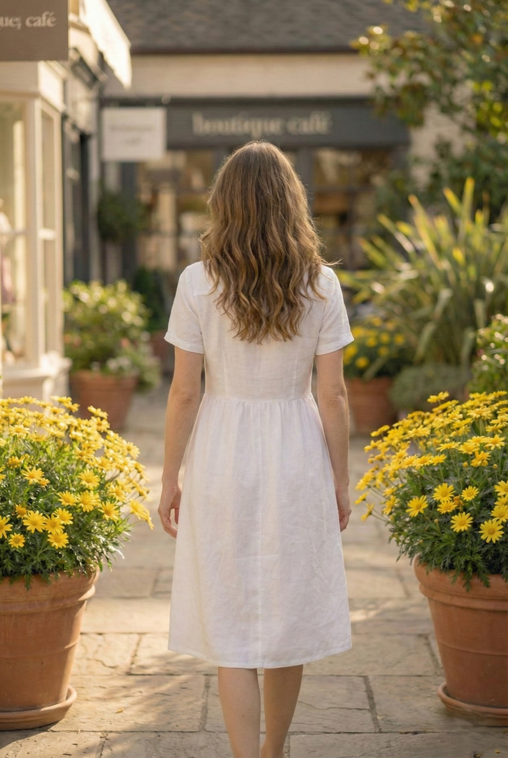 back view white linen summer dress