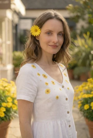 white embroidered summer dress yellow daisy hand embroidery detail breathable cotton linen dress