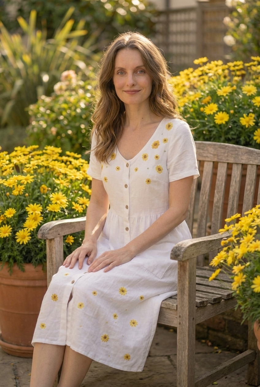 linen cotton midi dress seated view