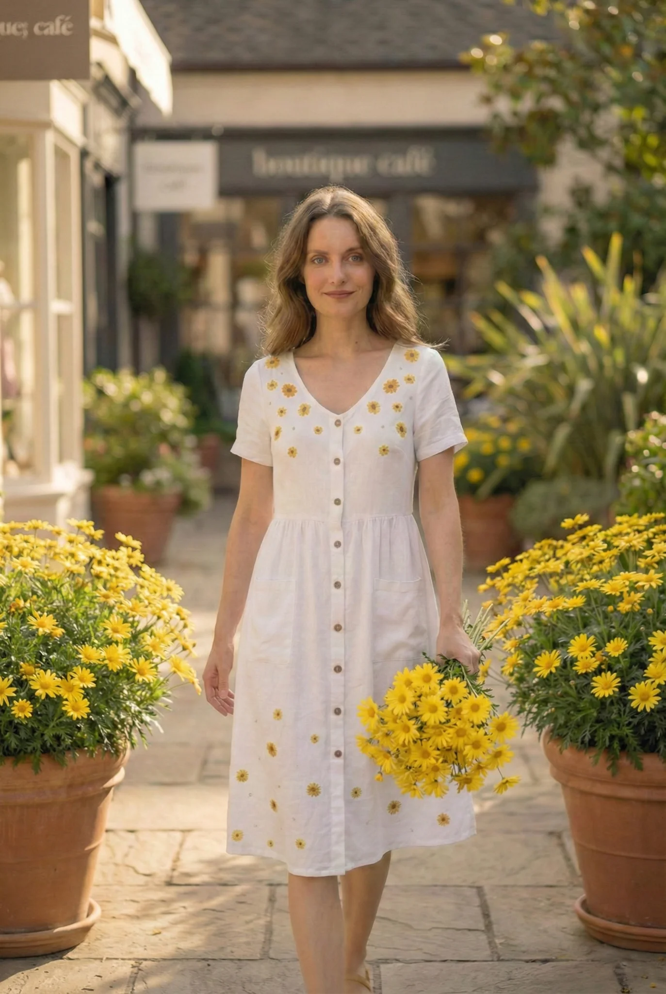 white linen cotton summer dress with yellow floral embroidery women casual midi dress front view