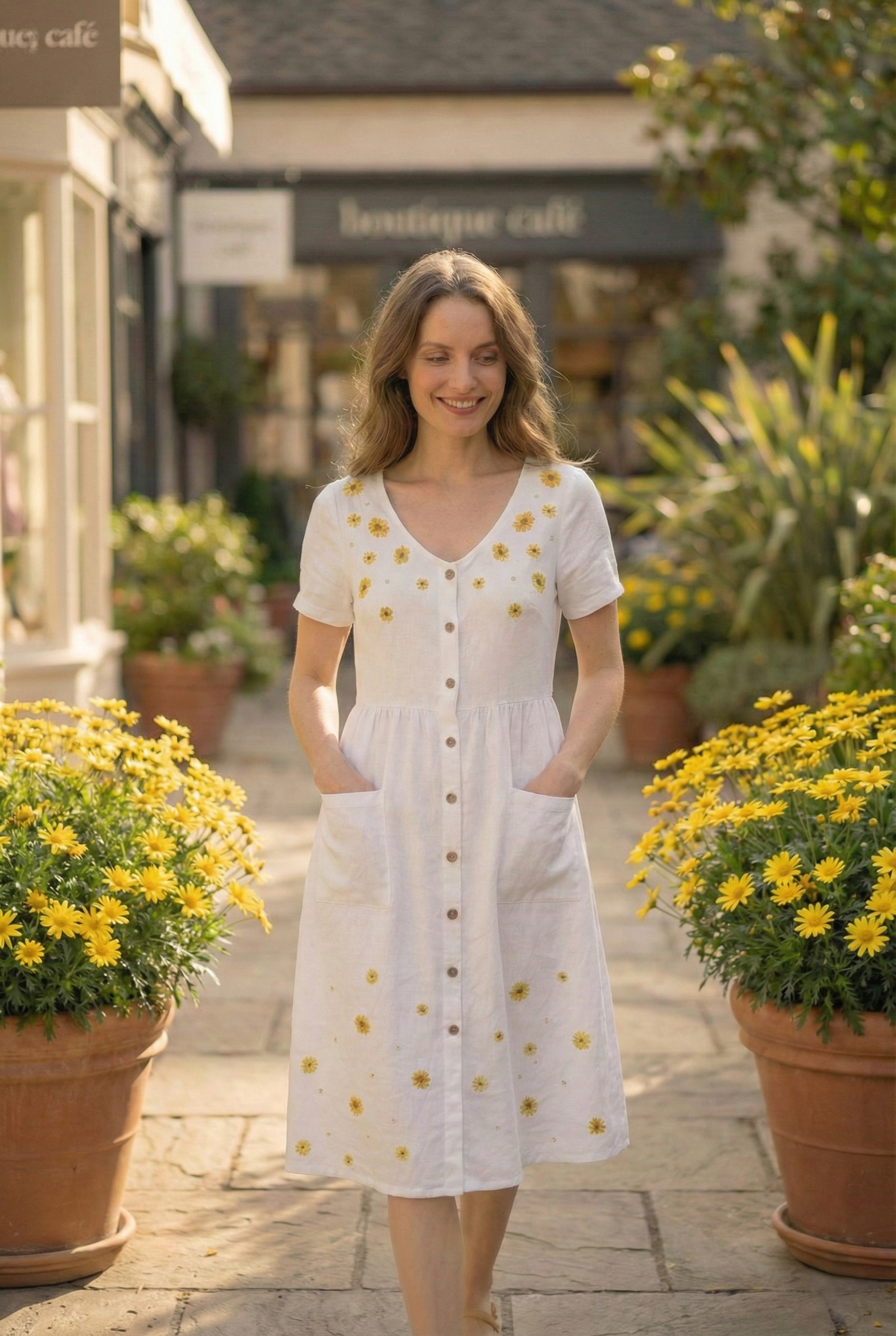 woman wearing sunflower embroidered dress park