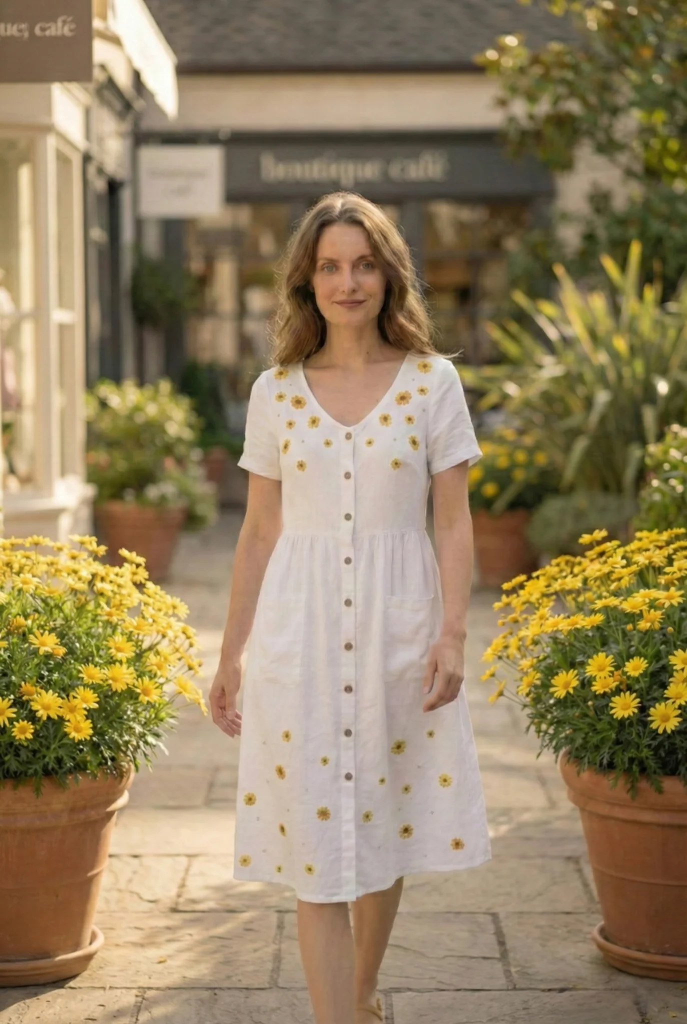 white cotton modal midi dress with buttons and floral embroidery casual summer dress women