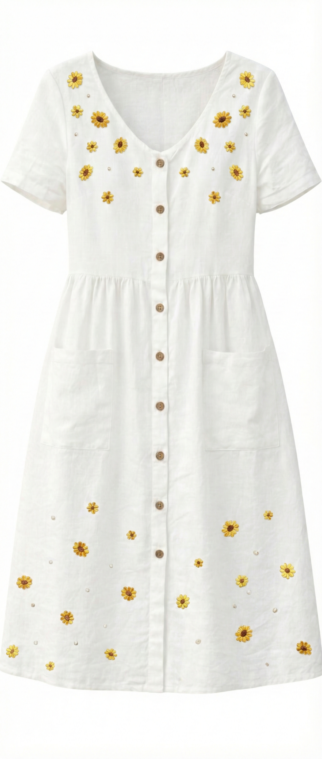 sunflower embroidered white linen dress front view