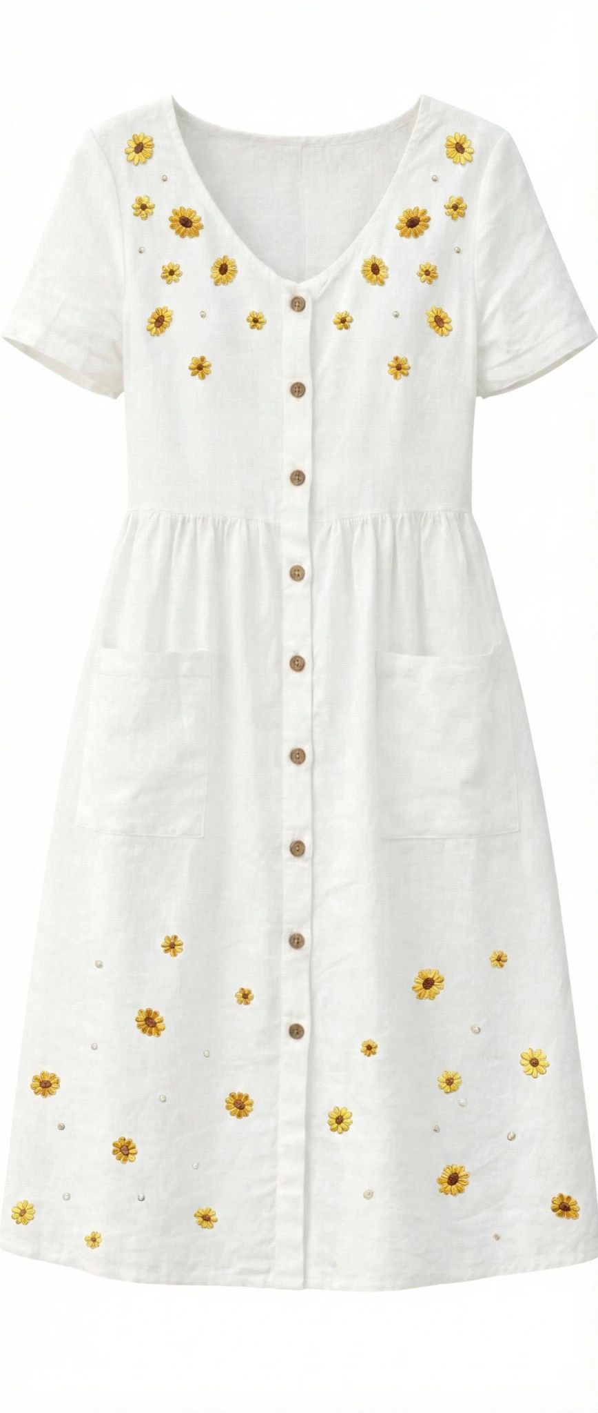 white linen cotton midi dress with yellow floral embroidery buttons front product image women