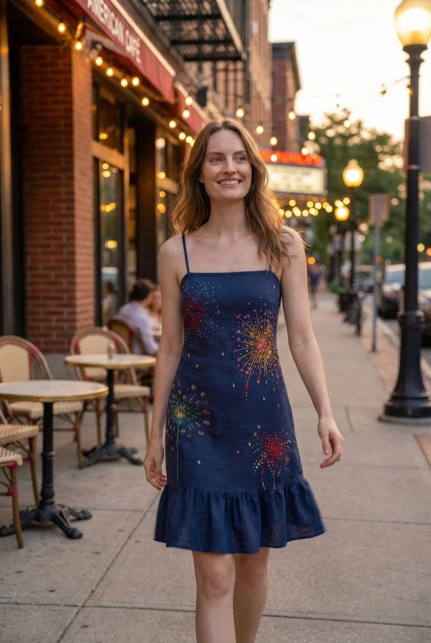 woman walking in navy blue fireworks embroidered dress summer casual street style linen cotton dress