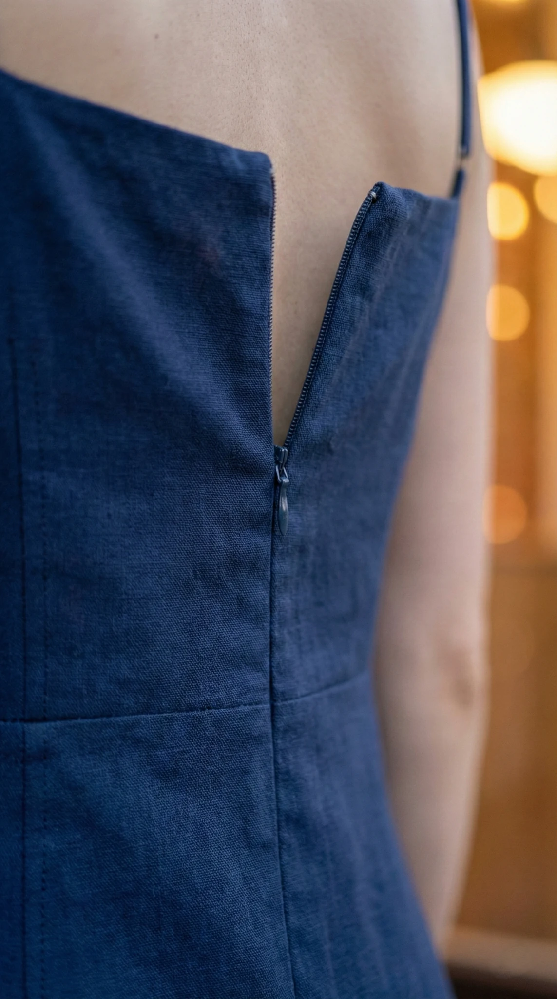 close up of navy blue dress zipper detail high quality stitching handmade linen cotton fabric dress detail