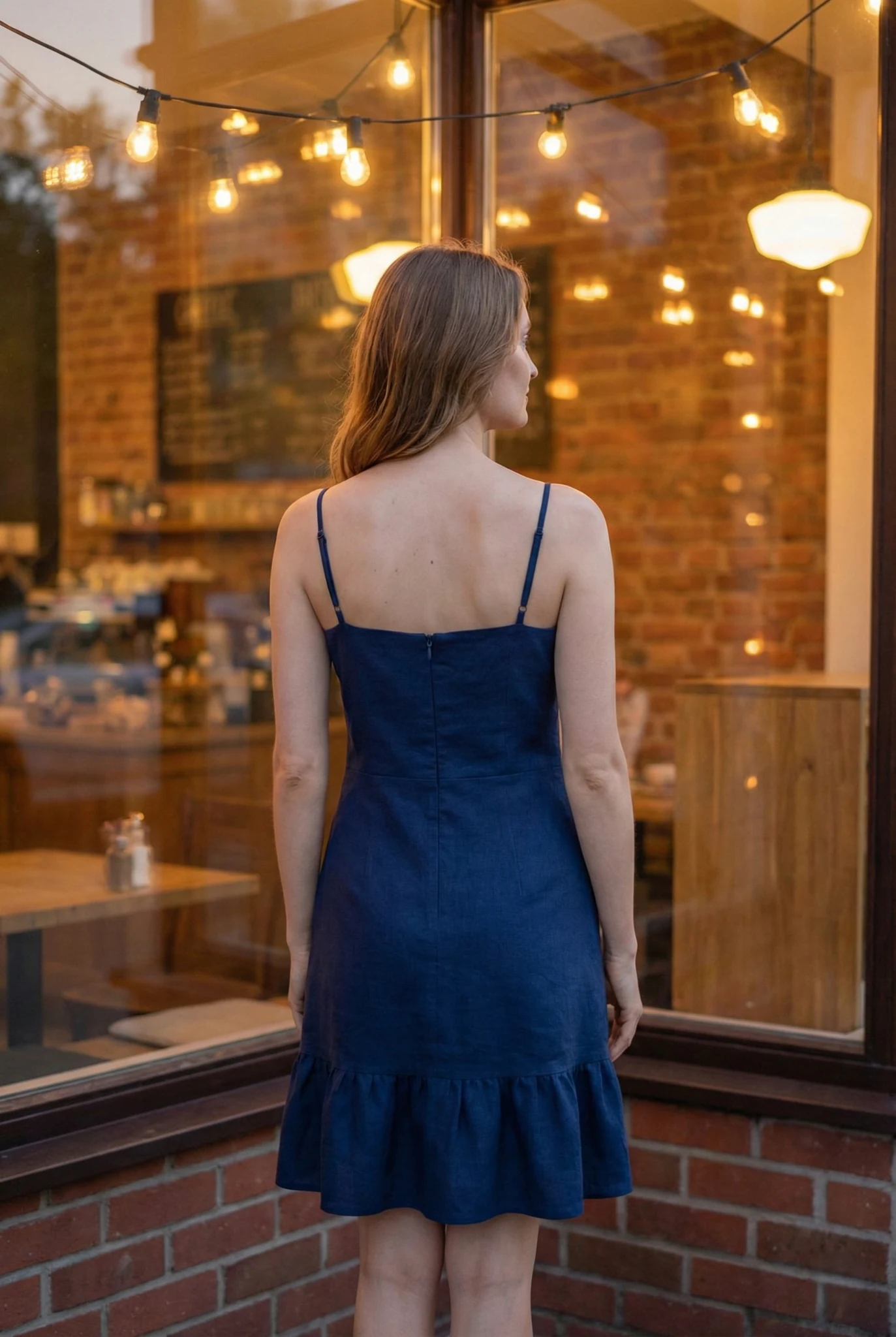 back view of navy blue summer dress with thin straps and zipper detail handmade linen cotton casual elegant dress