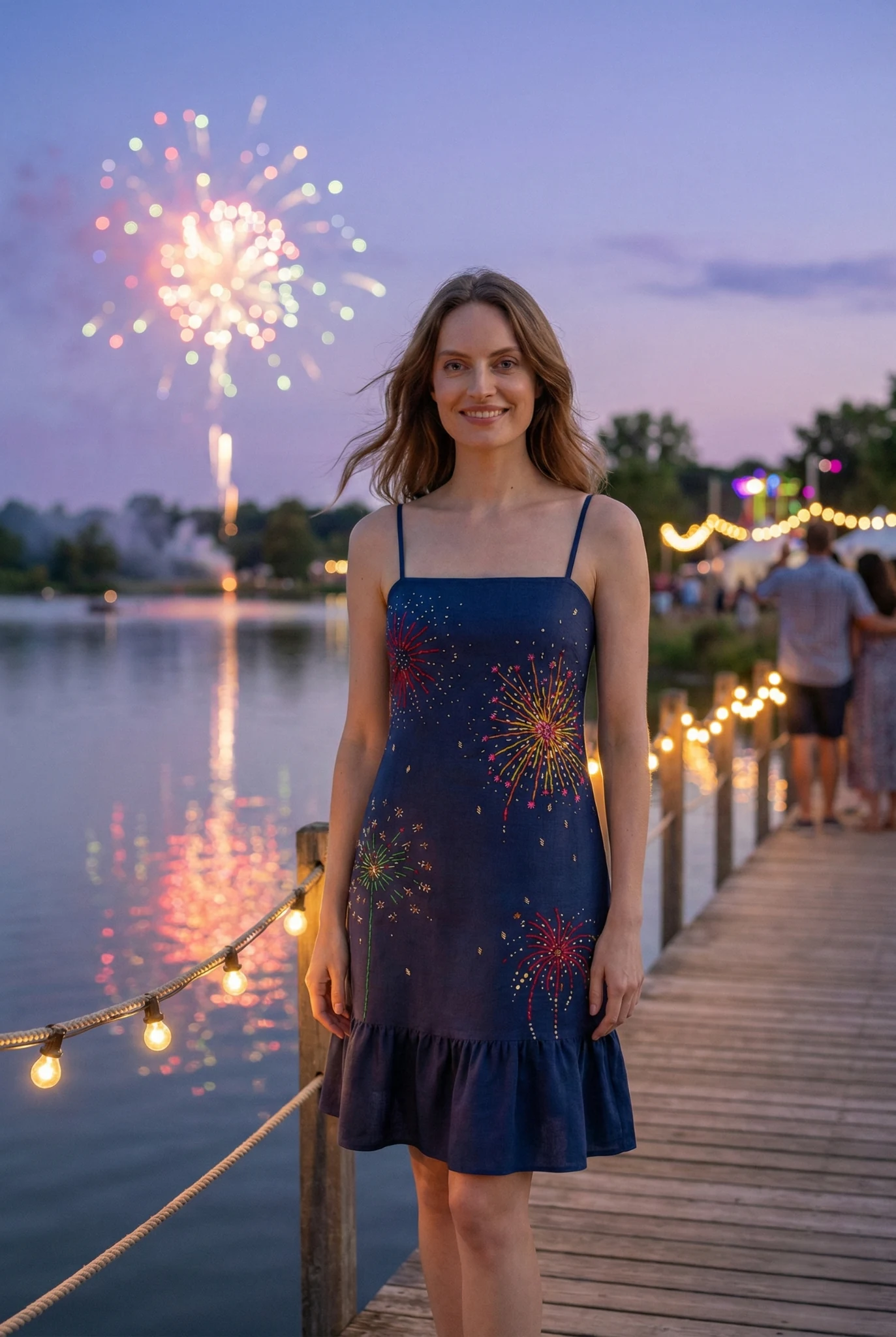 navy blue embroidered dress with colorful fireworks design worn by woman near lake at sunset summer outfit handmade linen cotton dress