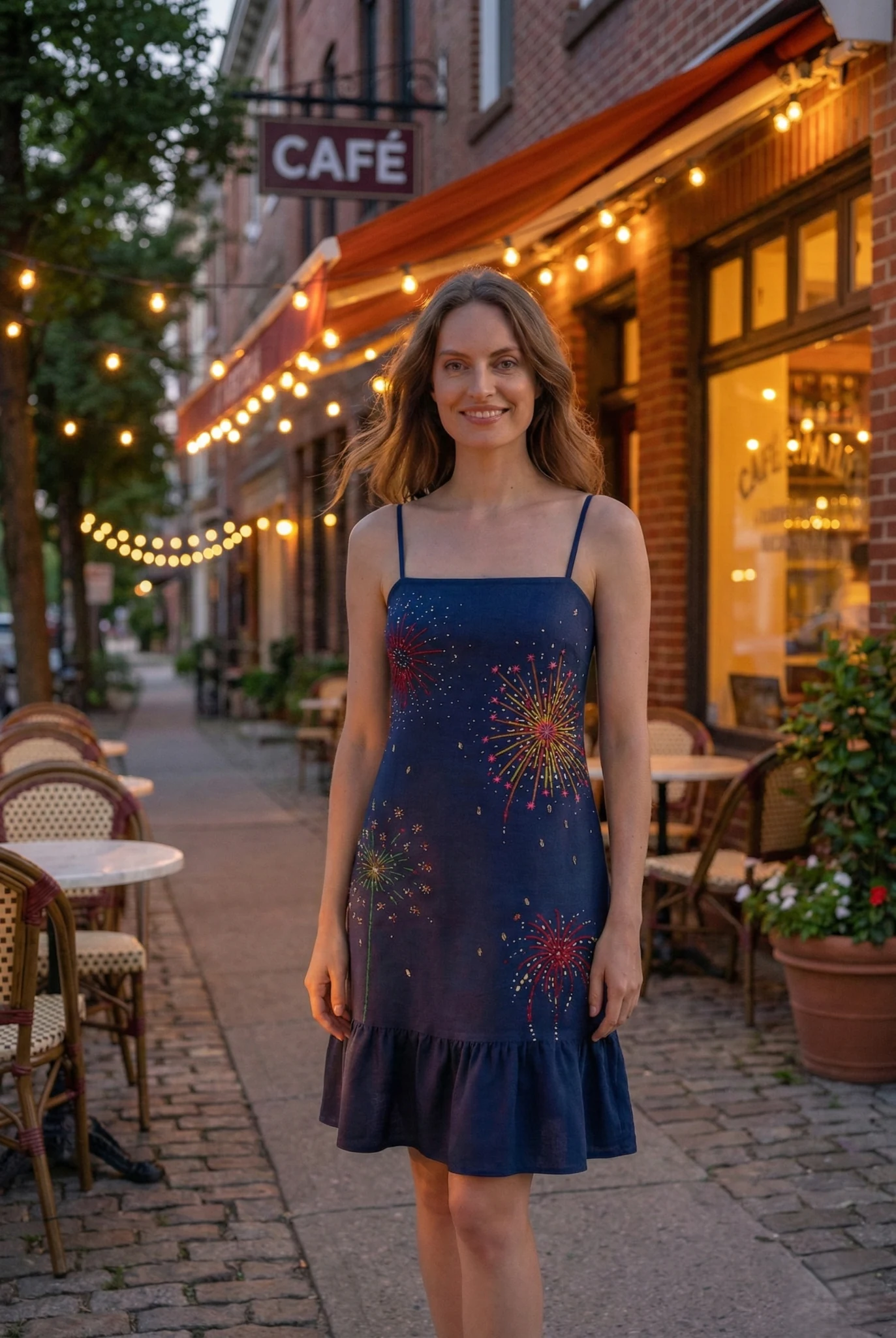 front view navy blue handmade embroidered dress with fireworks design elegant summer linen cotton dress