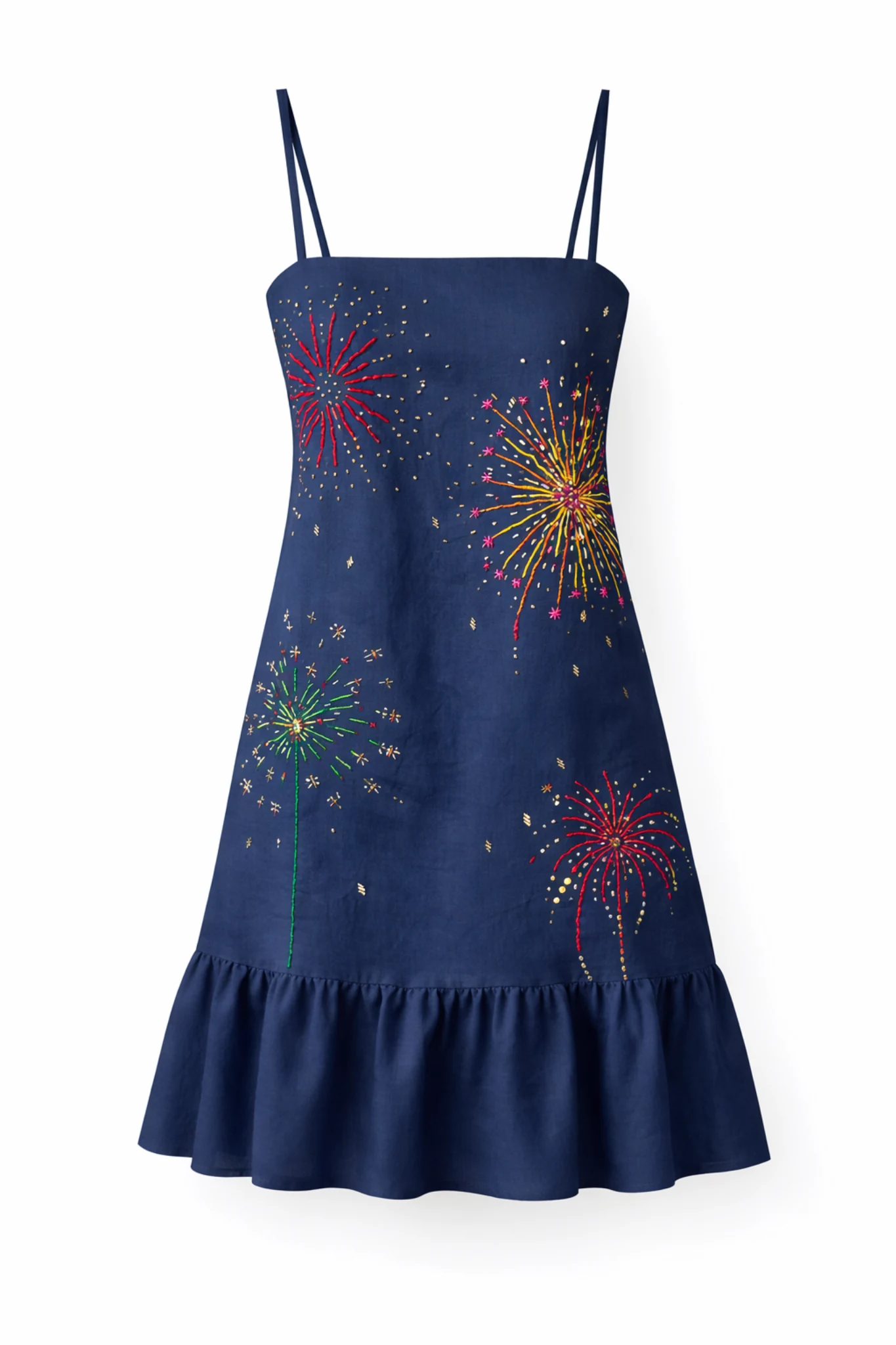 navy blue handmade linen cotton dress with colorful fireworks embroidery sleeveless summer dress product photo