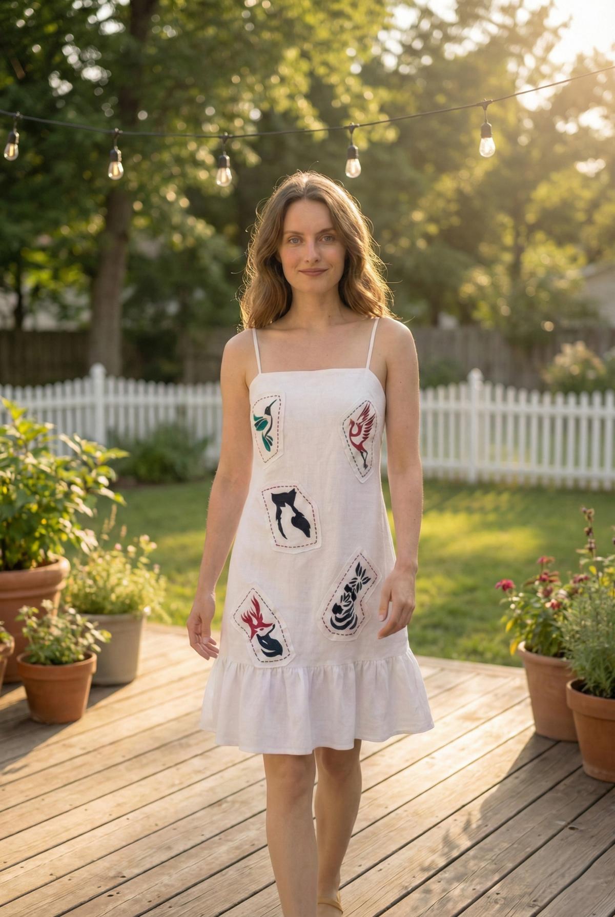 handmade white linen cotton midi dress with patches front view