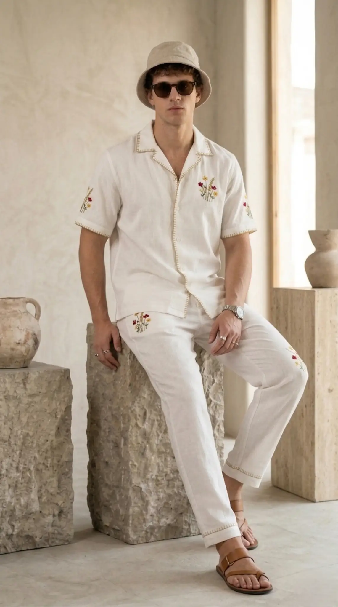 Mens white linen embroidered co ord set, relaxed fit shirt and pants, premium handcrafted summer outfit sitting pose