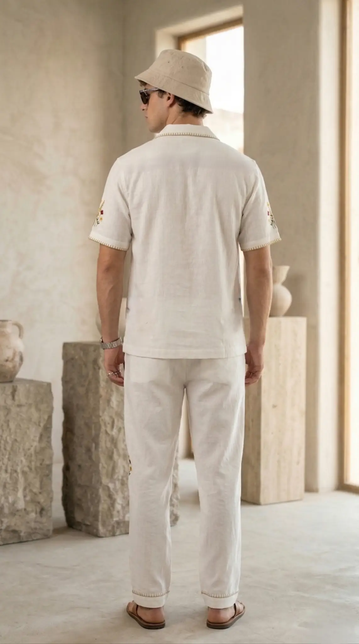 Back view of mens white linen co ord set, Cuban collar shirt and relaxed fit pants, minimal luxury summer outfit