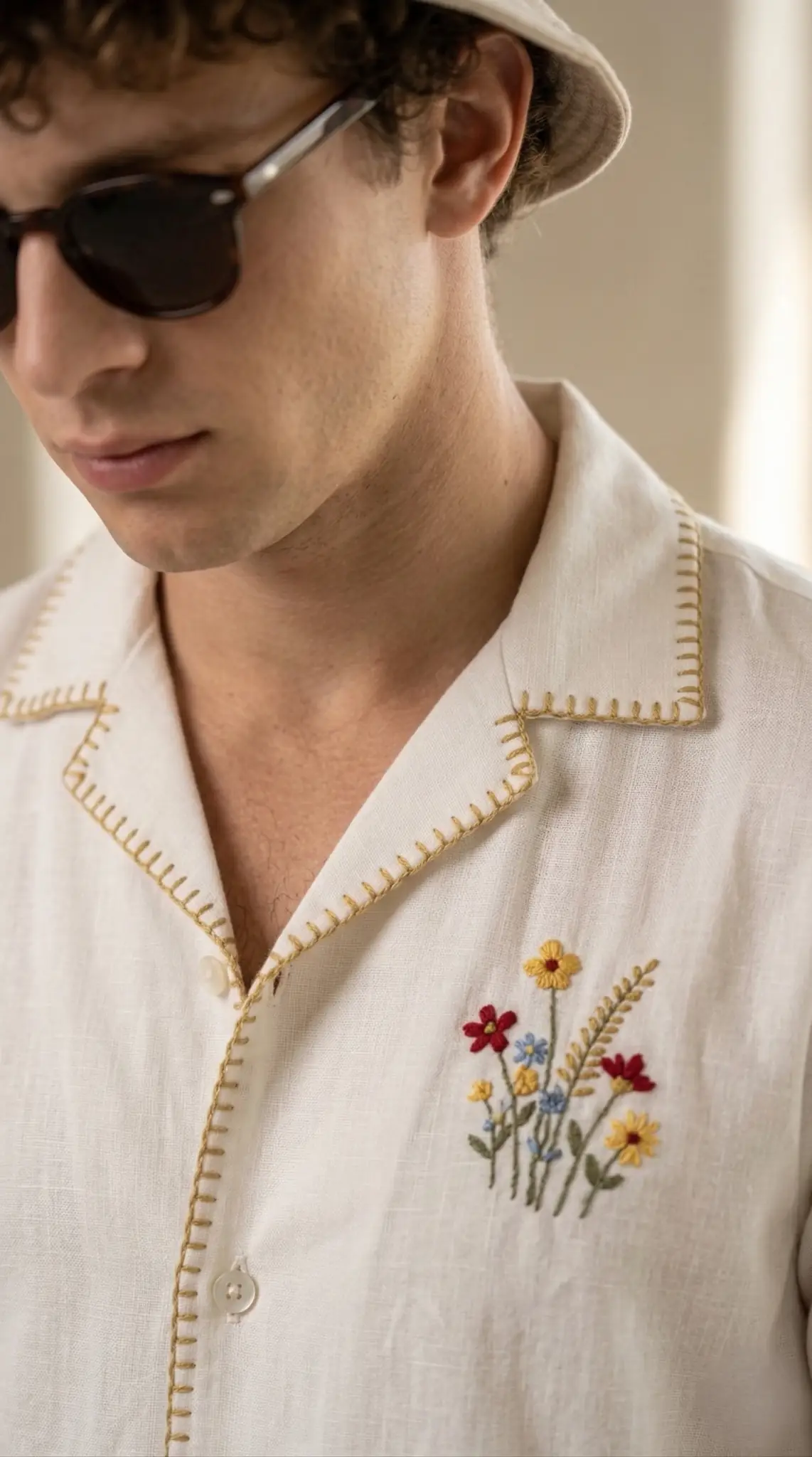 Close up of Cuban collar shirt with handcrafted embroidery and stitched detailing on white linen fabric