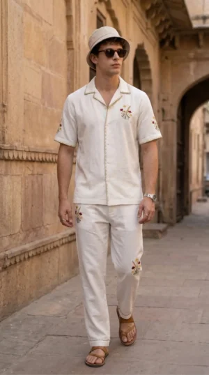 White linen co ord set for men with hand embroidered floral design, Cuban collar shirt and relaxed fit pants, luxury summer outfit