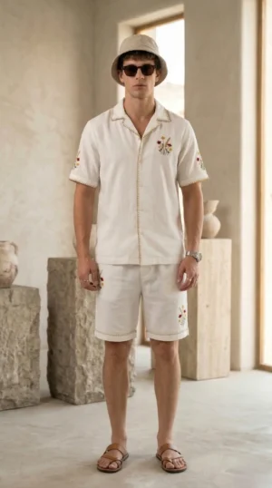 Mens white linen shirt and shorts set with hand embroidered floral design, Cuban collar summer outfit, relaxed fit resort wear