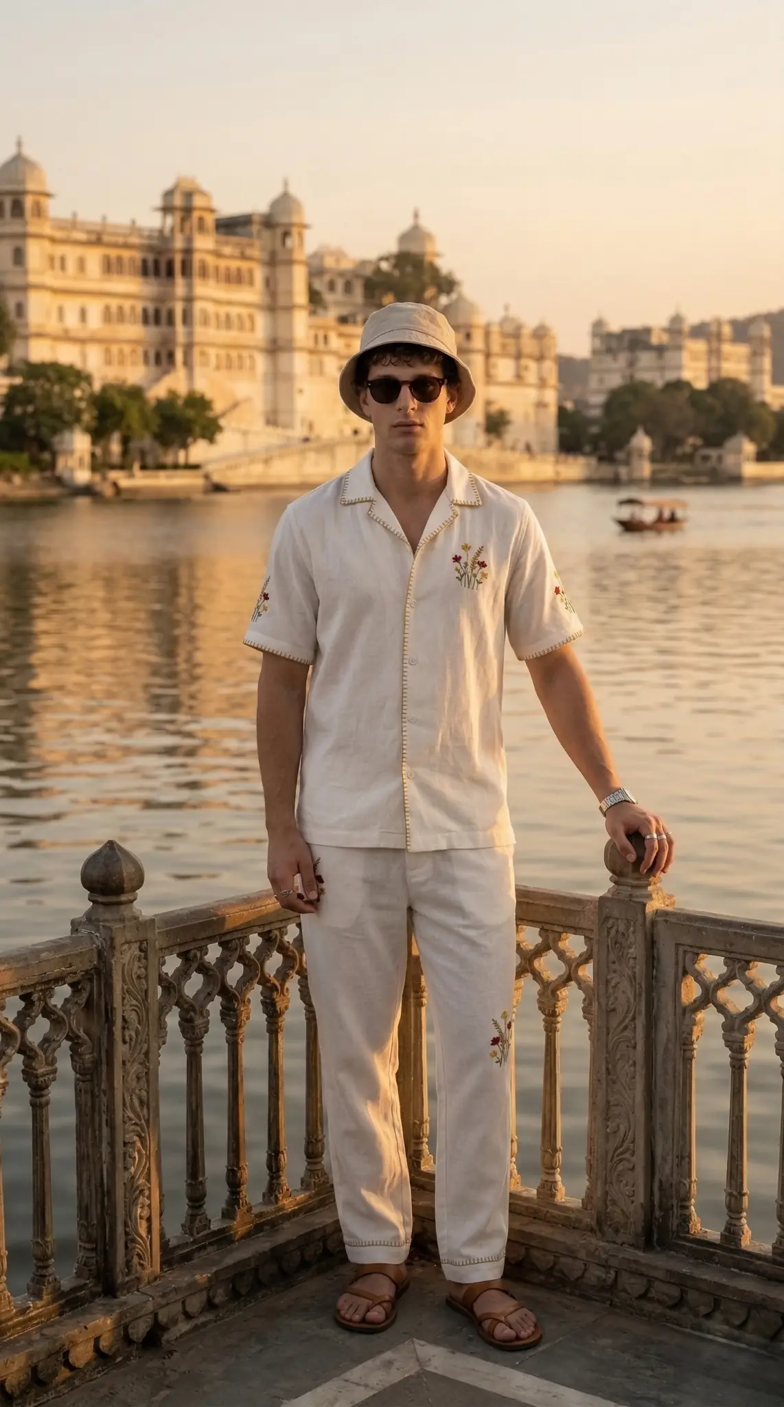 Close up of white linen embroidered shirt with Cuban collar, floral embroidery detail and premium stitching