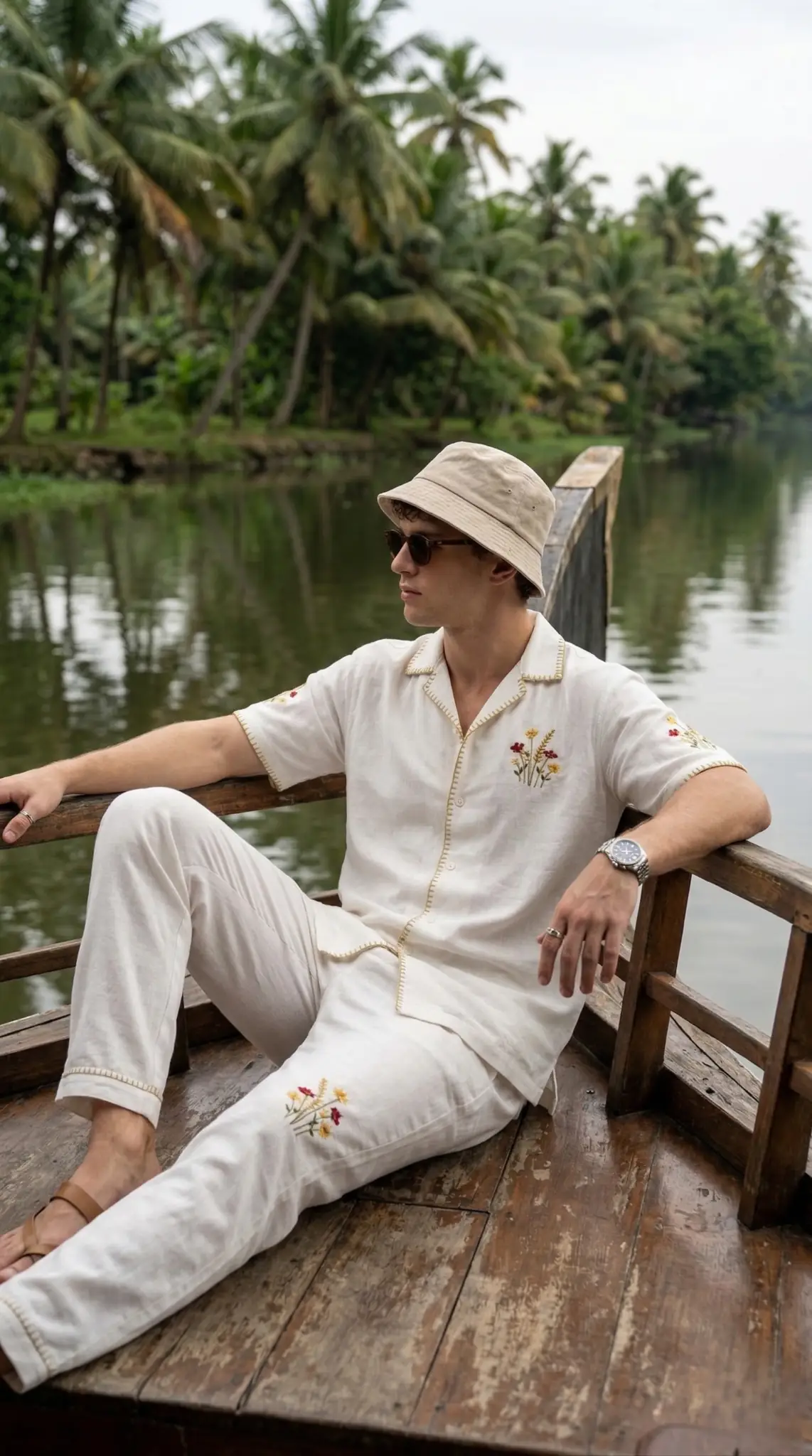 Luxury white linen embroidered outfit for men, Cuban collar shirt and pants, relaxed vacation outfit on boat