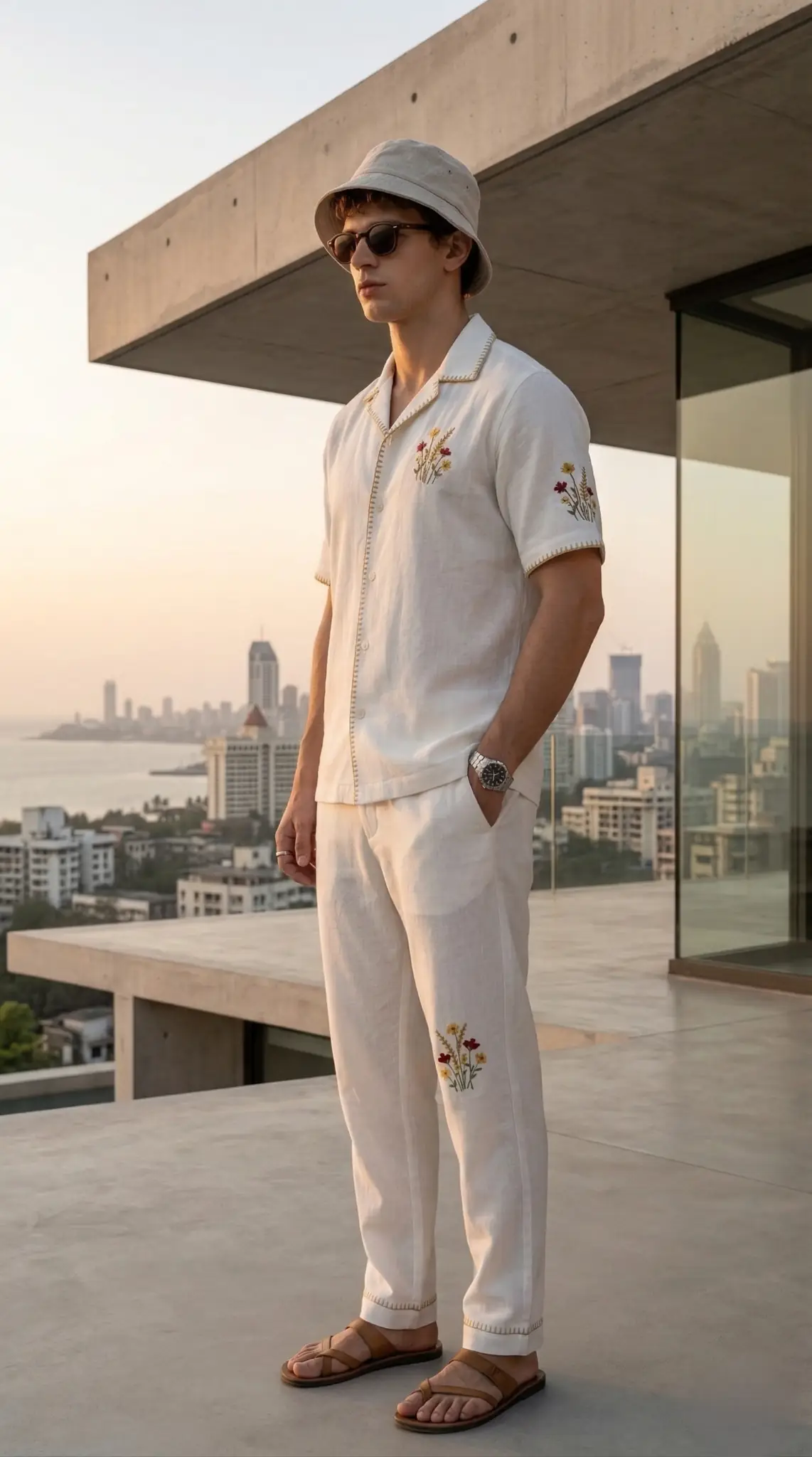 Premium mens white linen co ord set with embroidery, Cuban collar shirt and pants, modern luxury summer outfit with city view