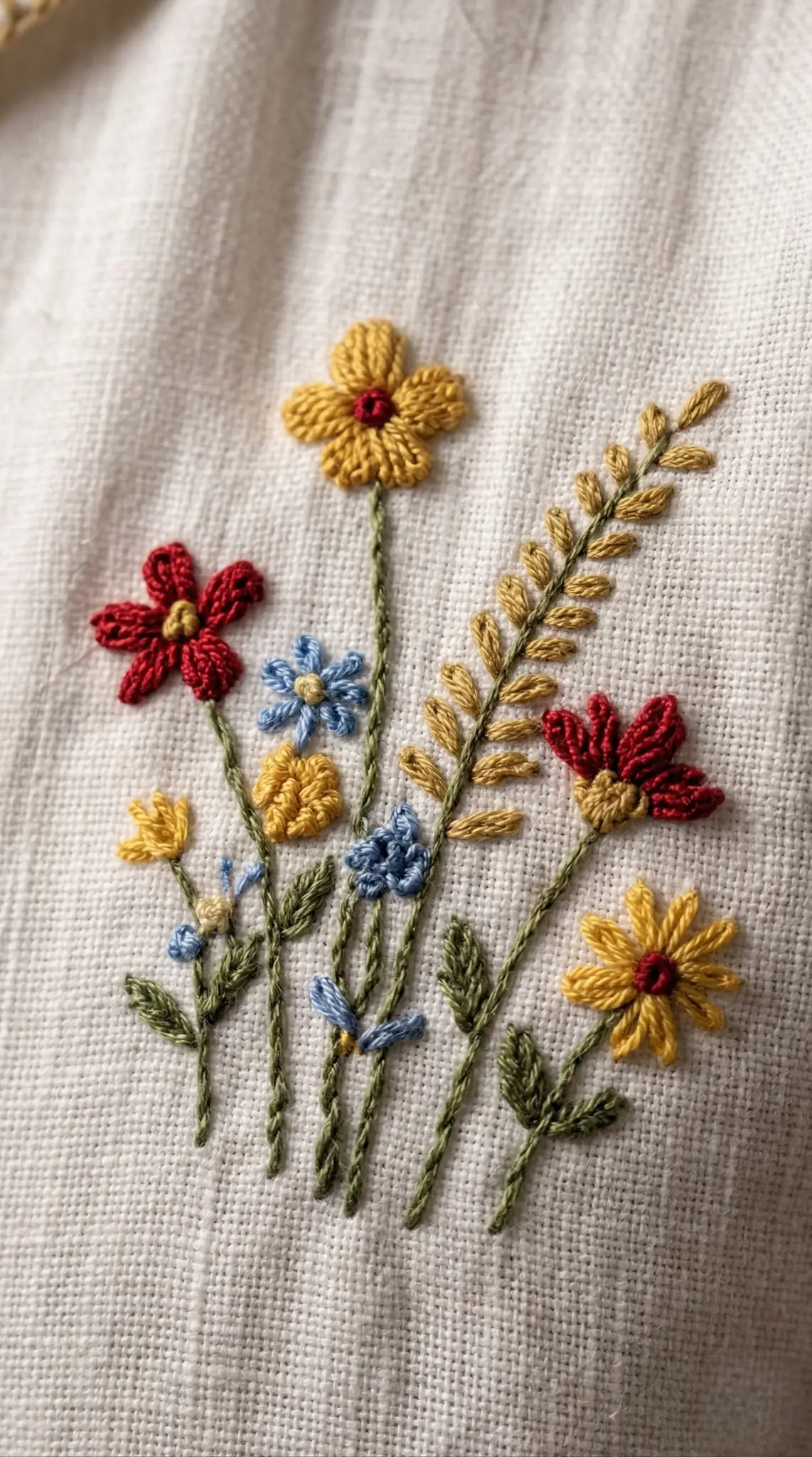 Hand embroidered floral design on white linen shirt, detailed artisan thread work, premium handmade menswear