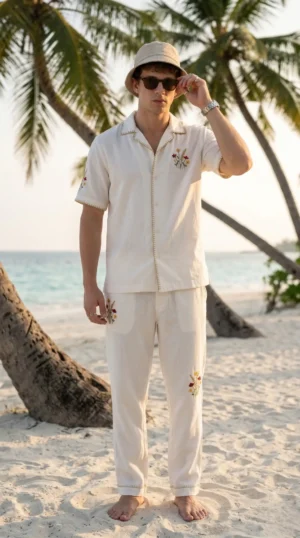 Mens white linen embroidered shirt and pants set, Cuban collar summer outfit, beach vacation resort wear with breathable fabric