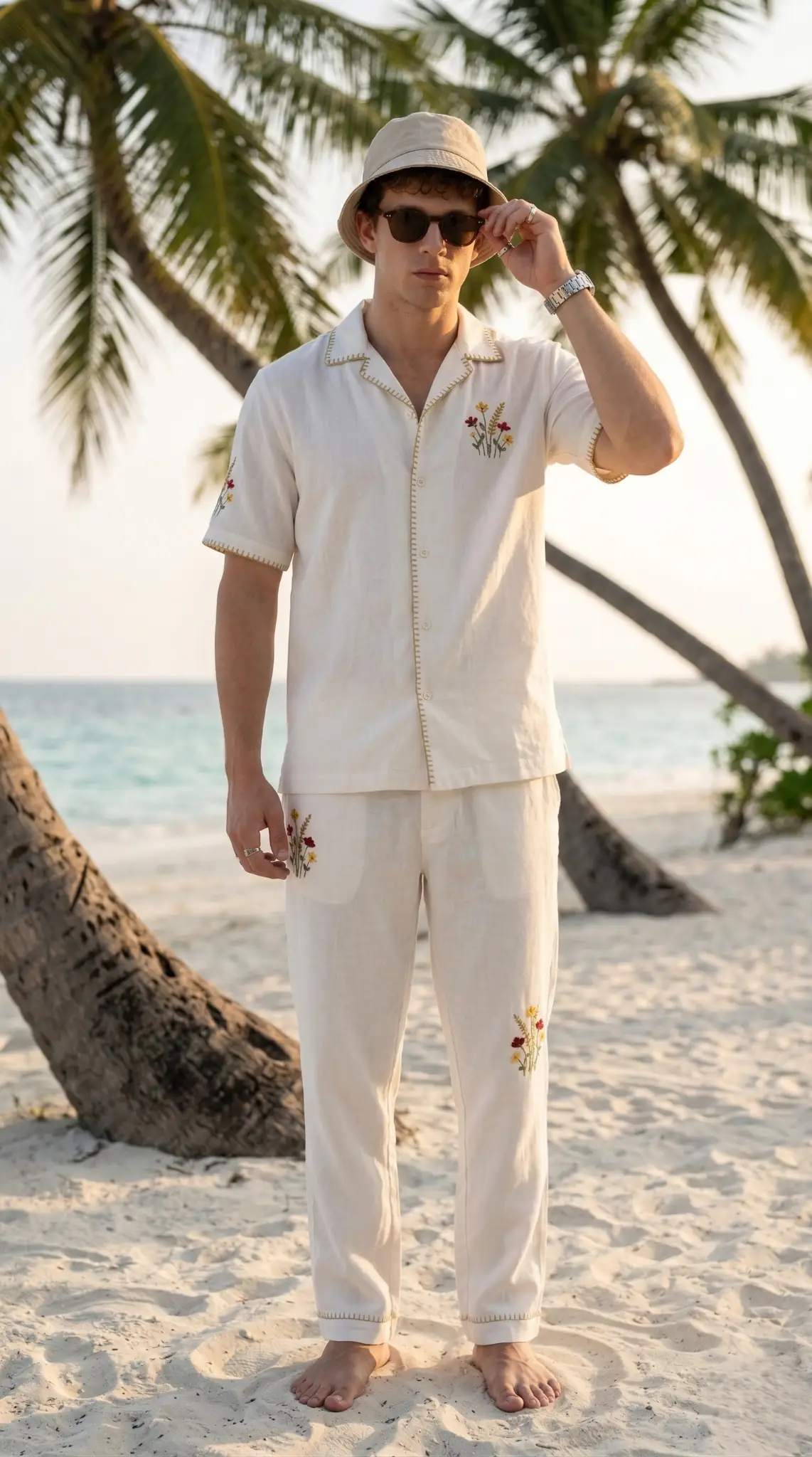 Mens white linen embroidered shirt and pants set, Cuban collar summer outfit, beach vacation resort wear with breathable fabric