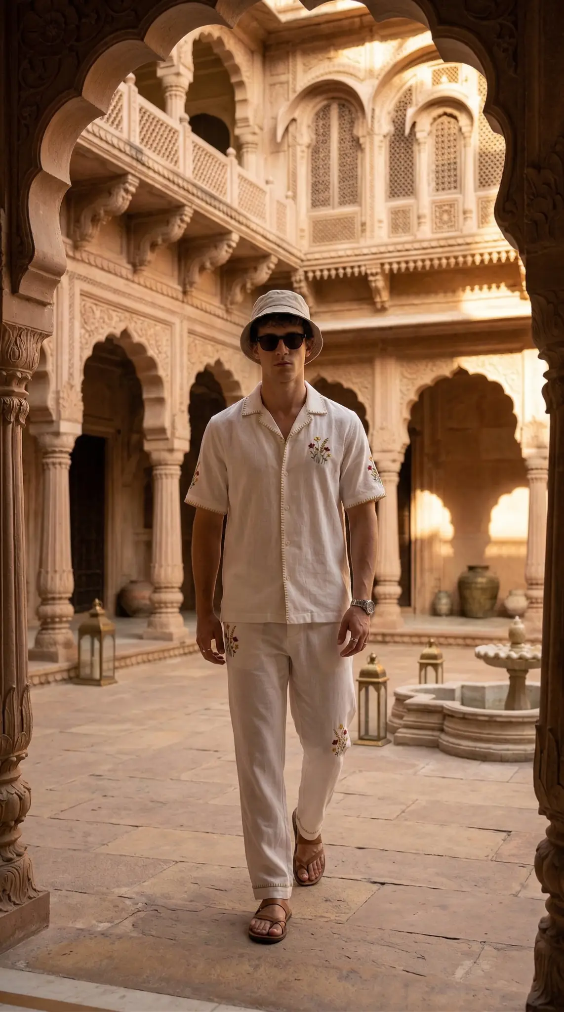 Luxury white embroidered linen co ord set for men, Cuban collar shirt with floral embroidery, premium vacation outfit in heritage location