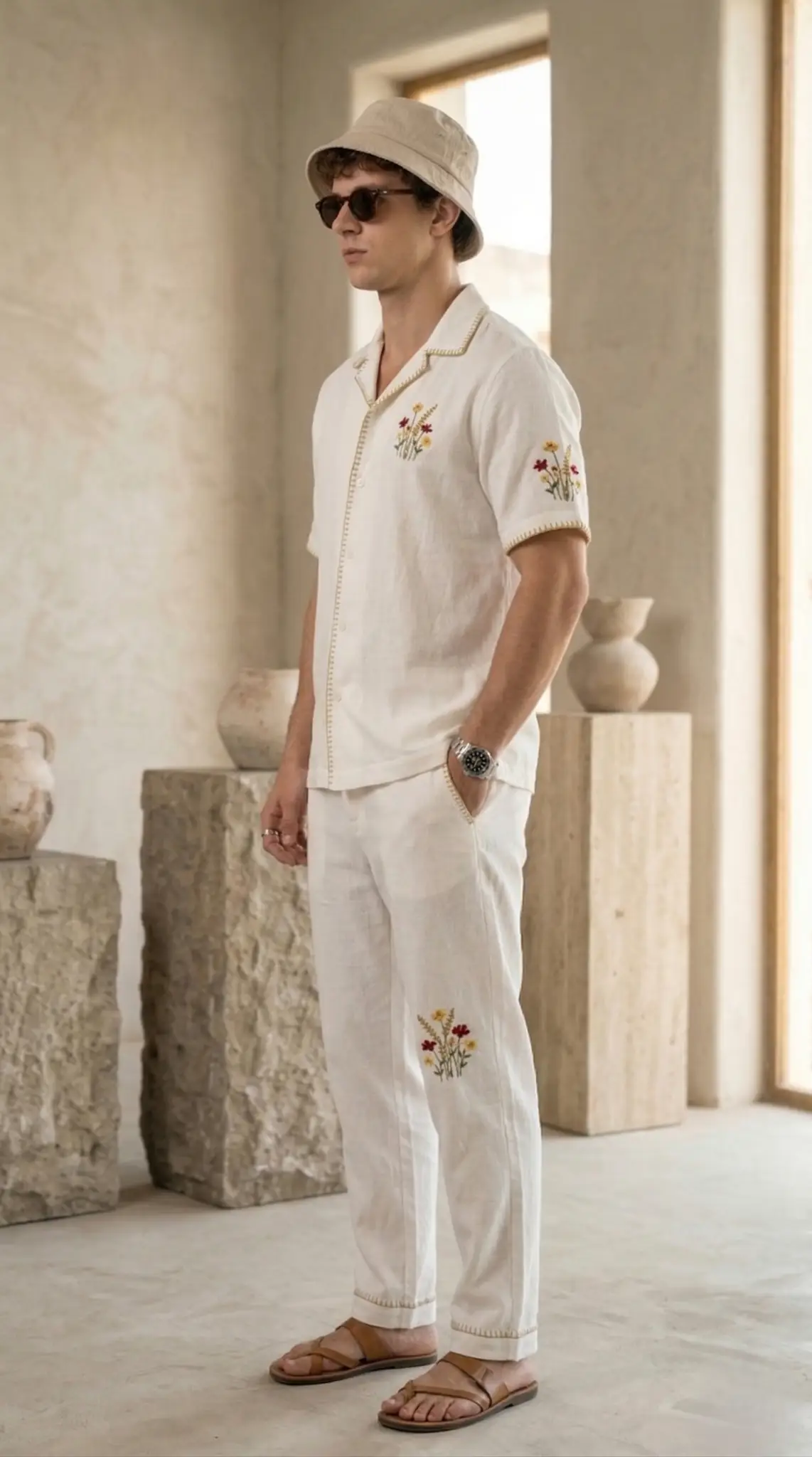 Side view of white linen embroidered Cuban collar shirt and pants set for men, breathable summer luxury outfit