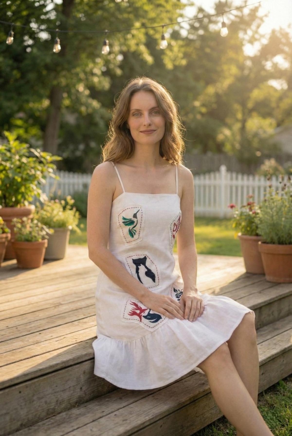 sitting pose white summer dress outdoor lifestyle