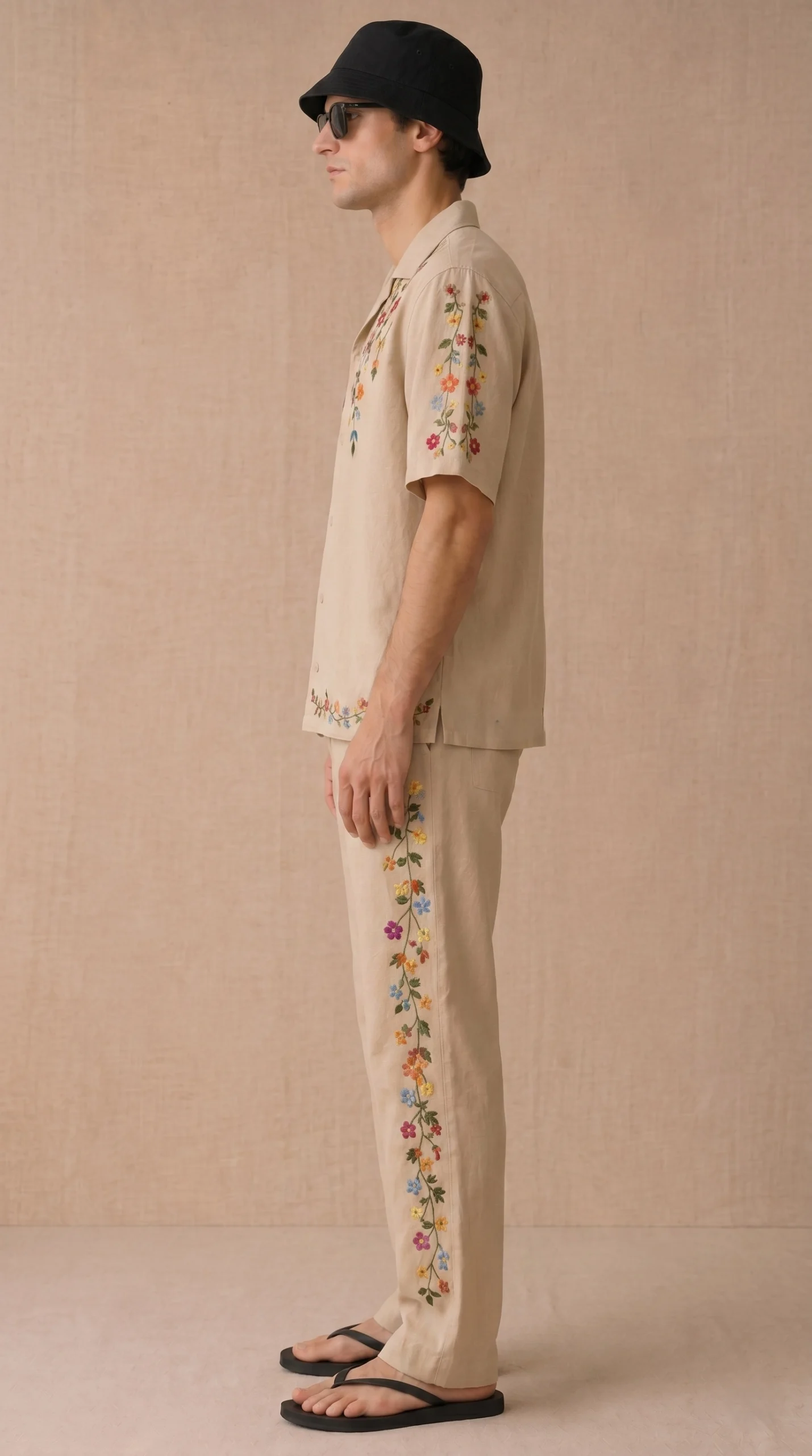 Luxury Beige Floral Embroidered Linen Cotton Cuban Collar Shirt and Pant Co-Ord Set for Men by Liibula
