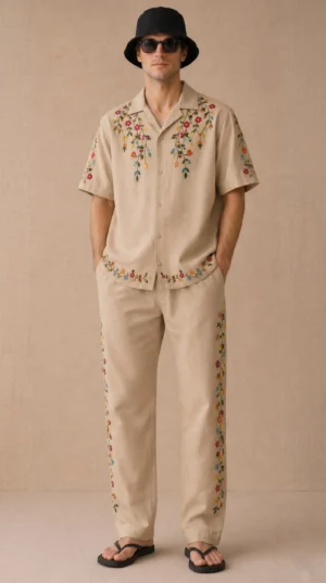 Luxury Beige Floral Embroidered Linen Cotton Cuban Collar Shirt and Pant Co-Ord Set for Men by Liibula