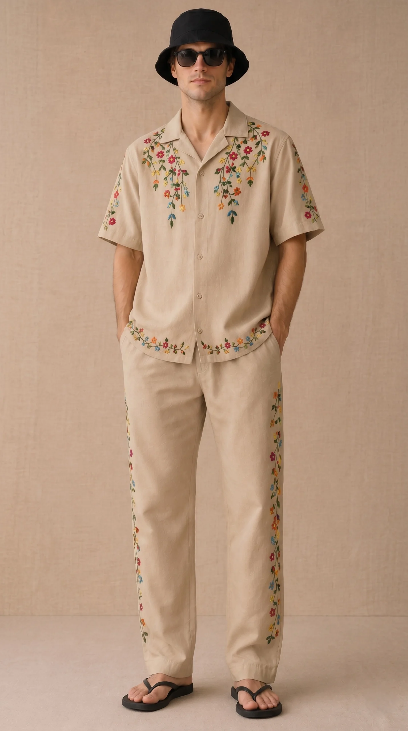 Luxury Beige Floral Embroidered Linen Cotton Cuban Collar Shirt and Pant Co-Ord Set for Men by Liibula