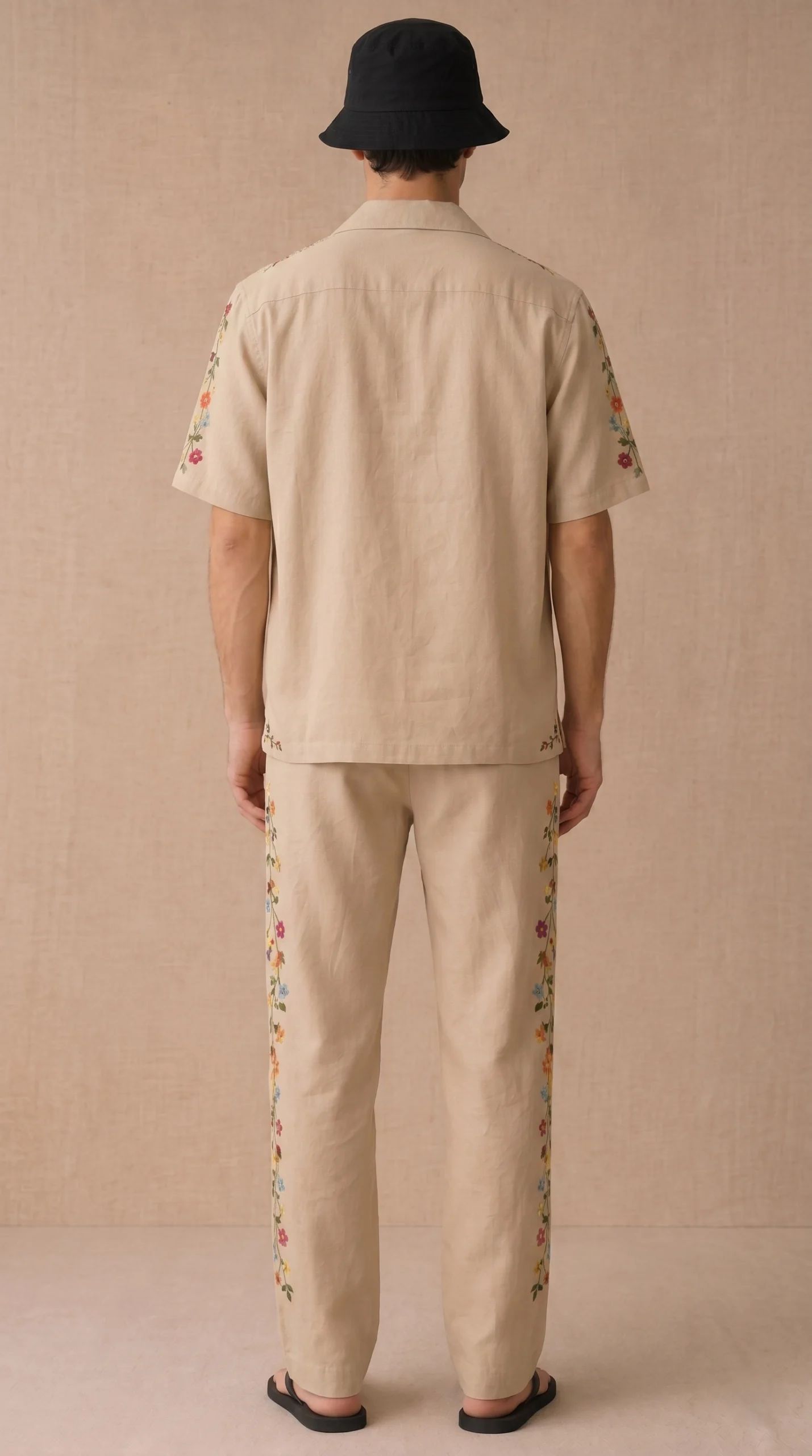 Luxury Beige Floral Embroidered Linen Cotton Cuban Collar Shirt and Pant Co-Ord Set for Men by Liibula