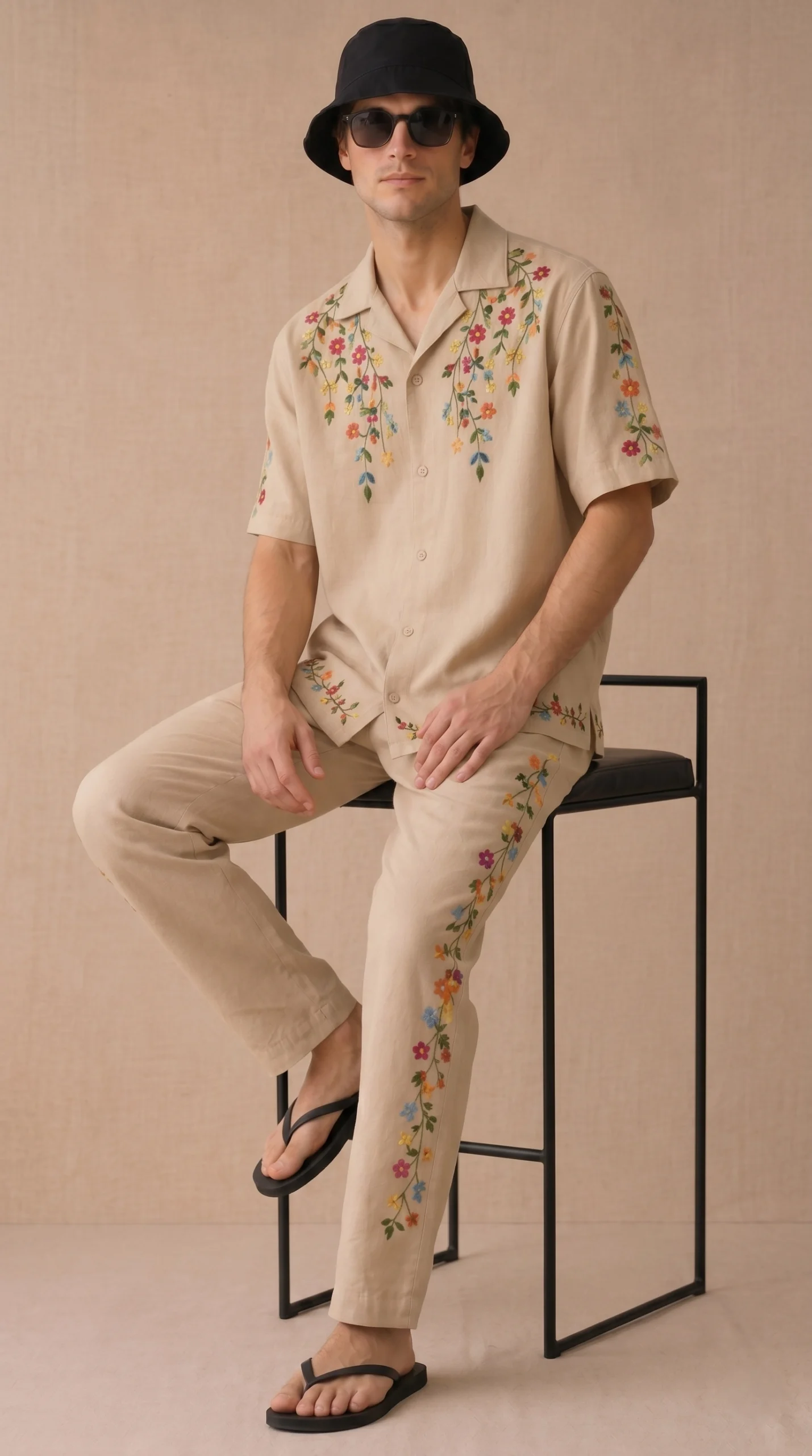 Luxury Beige Floral Embroidered Linen Cotton Cuban Collar Shirt and Pant Co-Ord Set for Men by Liibula
