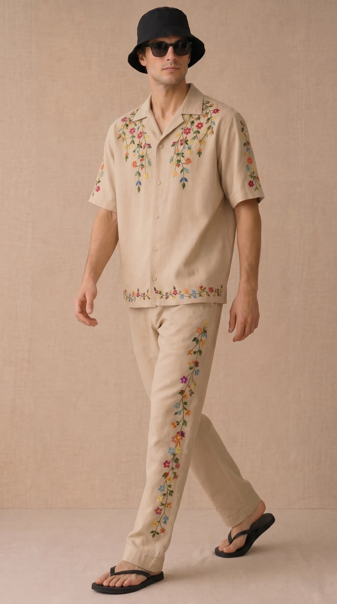 Luxury Beige Floral Embroidered Linen Cotton Cuban Collar Shirt and Pant Co-Ord Set for Men by Liibula